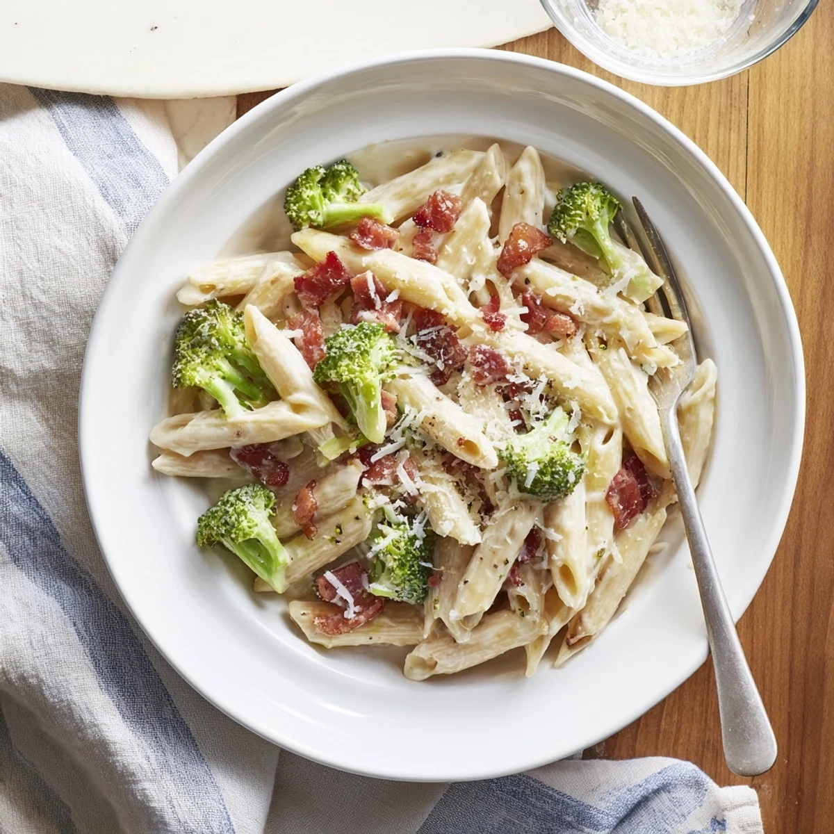 Creamy Bacon Broccoli and Parmesan Pasta served warm in a white bowl, garnished with extra cheese and parsley, next to a glass of white wine.