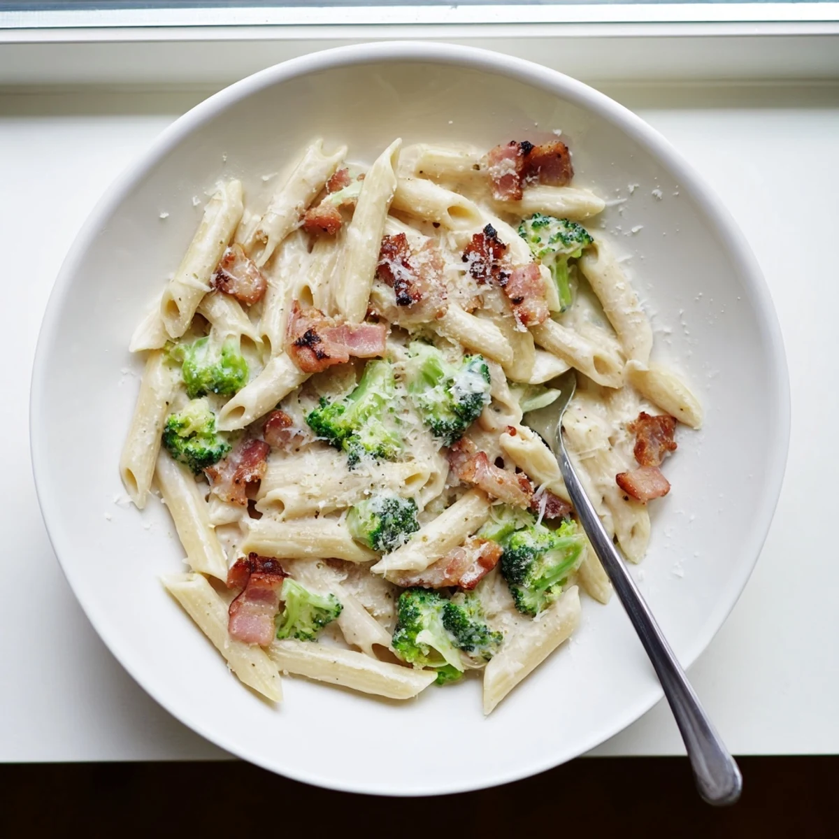 Overhead shot of Bacon Broccoli and Parmesan Pasta on a rustic table with fresh Parmesan shavings and a spoon, evoking a comforting Italian-inspired dinner.