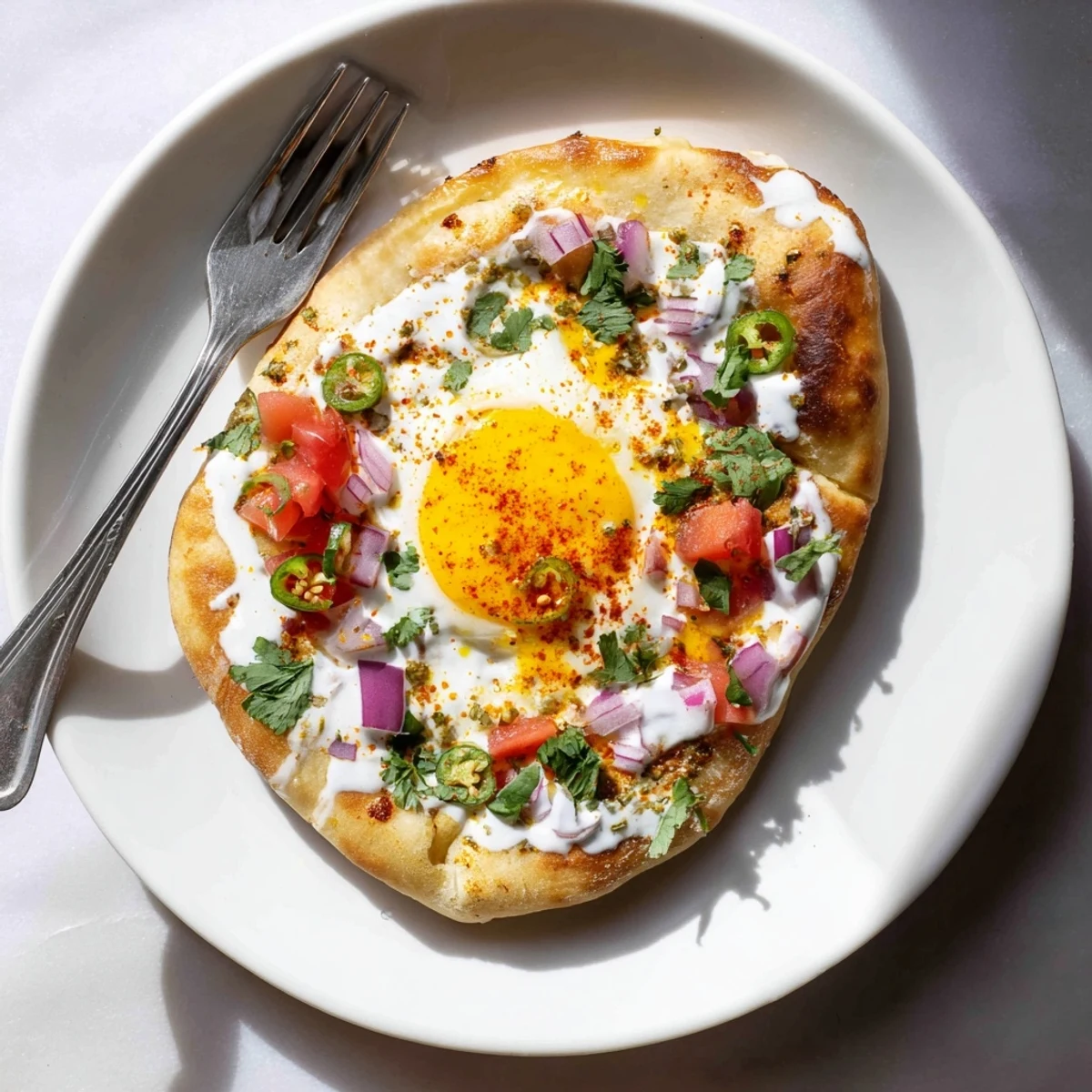 Warm golden curried fried eggs sit on buttered naan, topped with fresh cilantro and a yogurt drizzle.