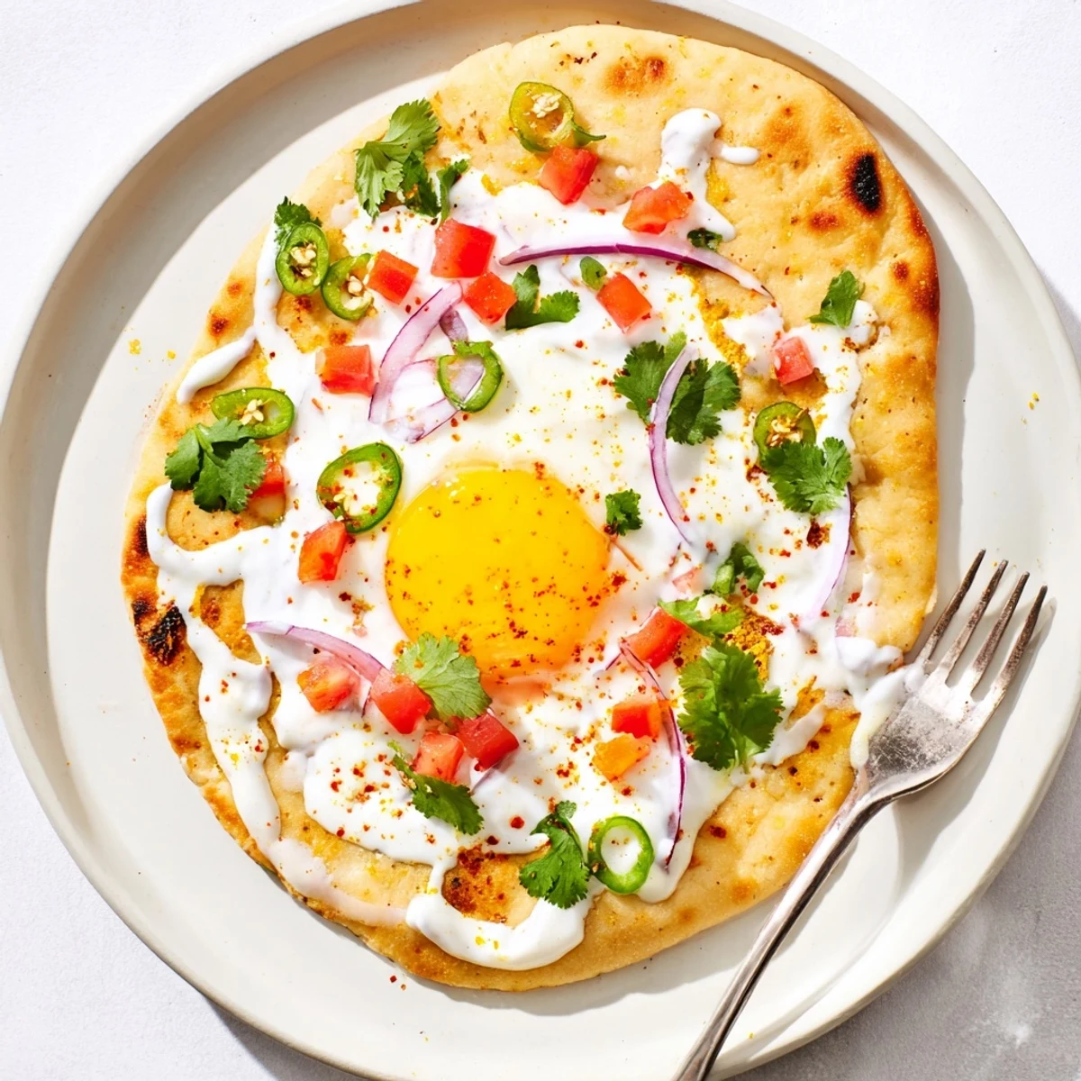 A close-up shows runny yolks over spiced naan, garnished with diced tomatoes and red onion.