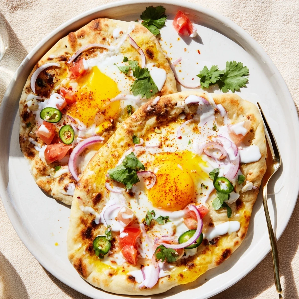 A vibrant plate of curried fried egg open naan with fresh herbs and tangy yogurt sauce.