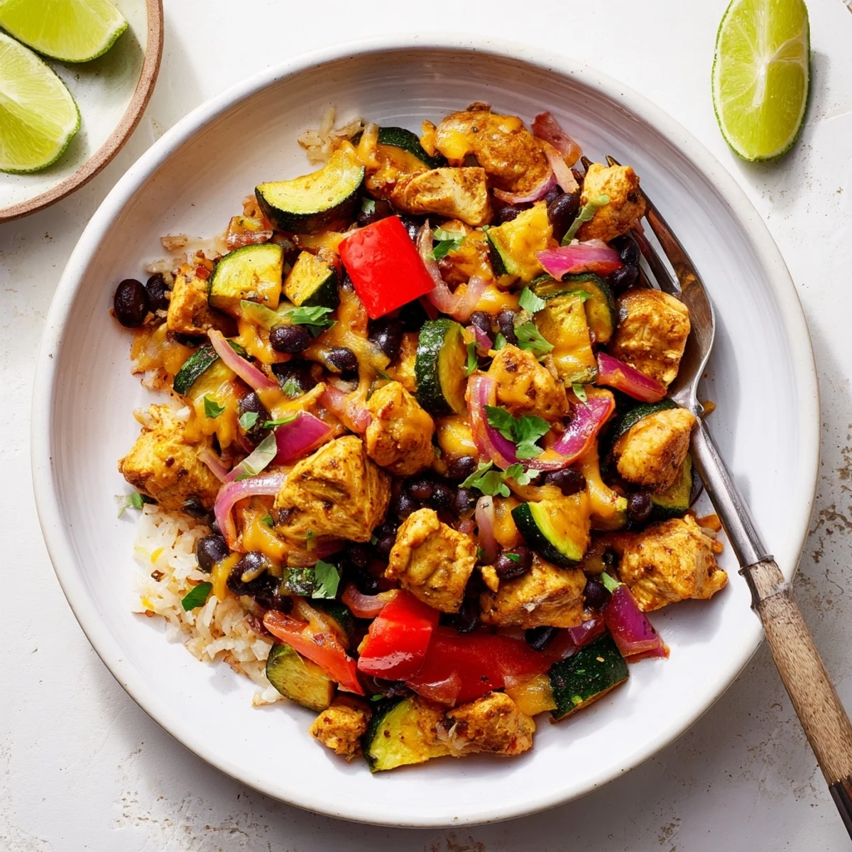 Juicy chicken and sautéed zucchini in a Tex Mex Chicken and Zucchini skillet topped with black beans and melty cheese.