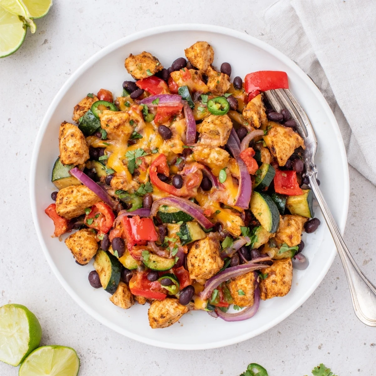 Golden-brown Tex Mex Chicken and Zucchini sizzling in a skillet with melted cheese, cilantro, and lime wedges.