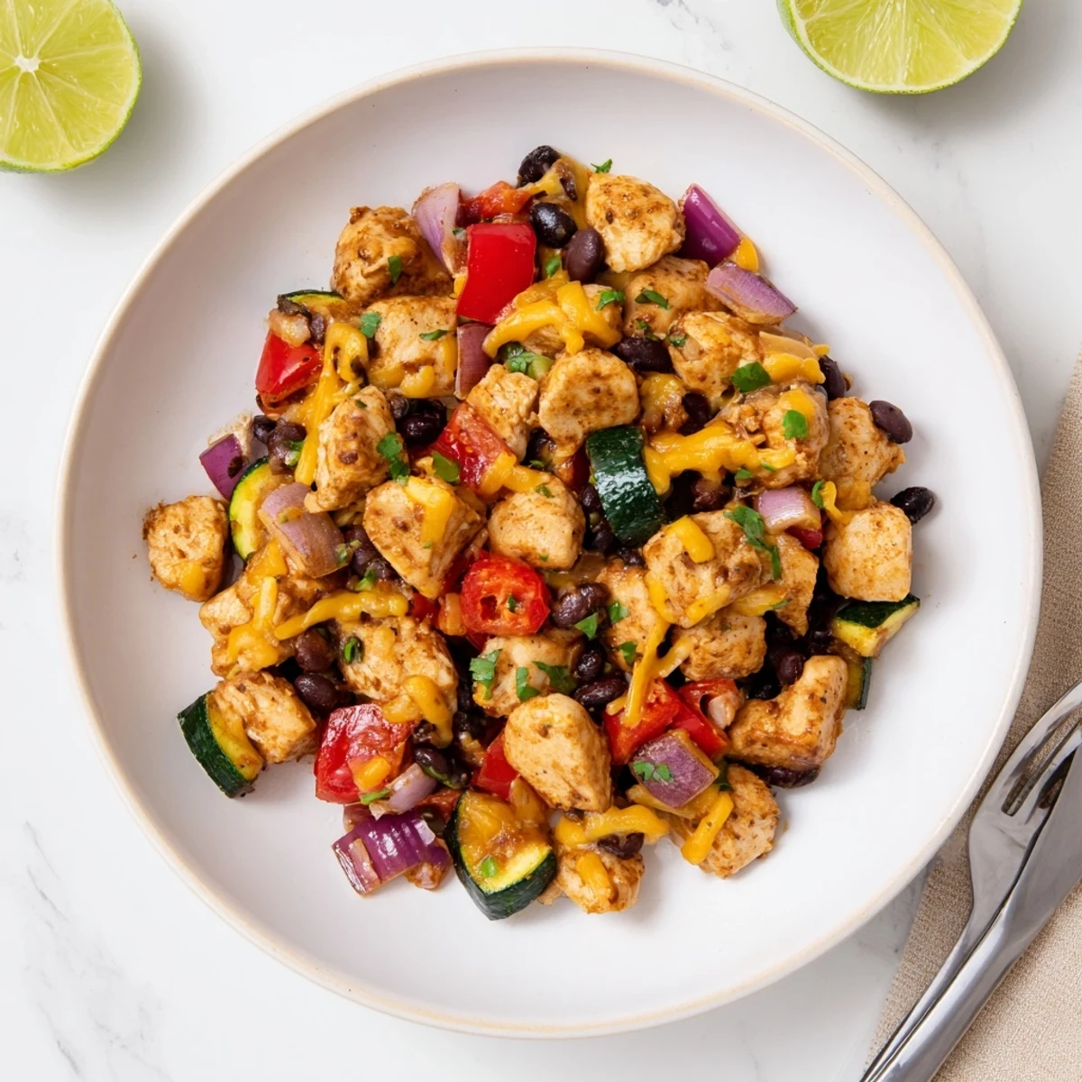 Tex Mex Chicken and Zucchini served in a bowl with rice, tortillas, fresh cilantro, and lime slices.