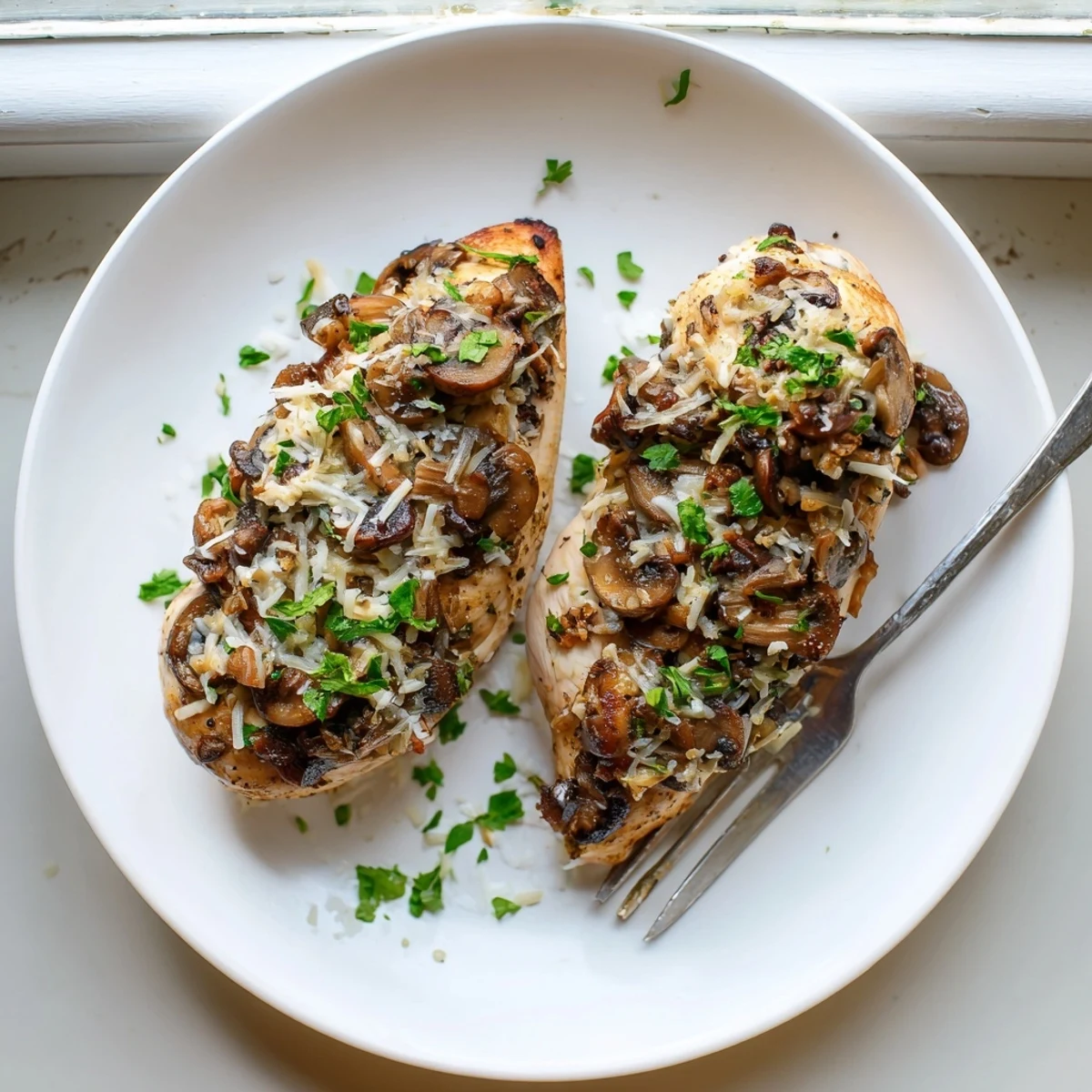 Freshly baked Flavorful Mushroom Stuffed Chicken Breast served alongside roasted asparagus and carrots for a complete gluten-free dinner.