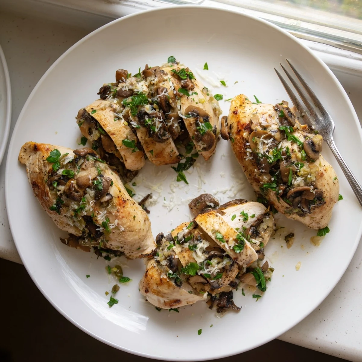 Golden-brown Flavorful Mushroom Stuffed Chicken Breast sliced open on a white plate, revealing a rich mushroom, garlic, and herb filling.