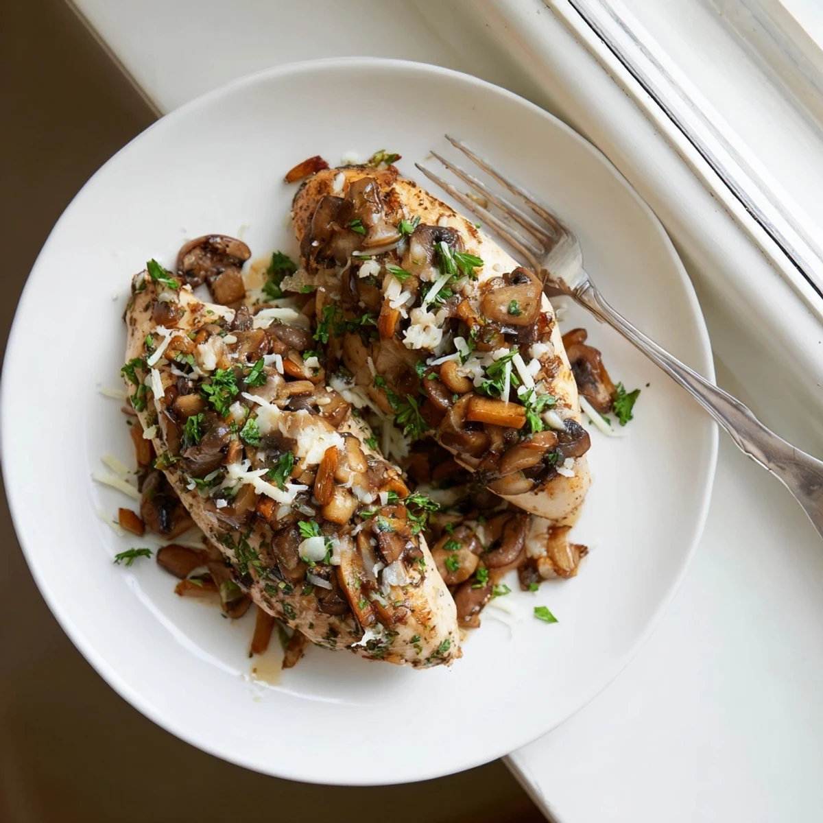 Sizzling Flavorful Mushroom Stuffed Chicken Breast seared in an oven-safe skillet with melted mozzarella and Parmesan cheese topping.