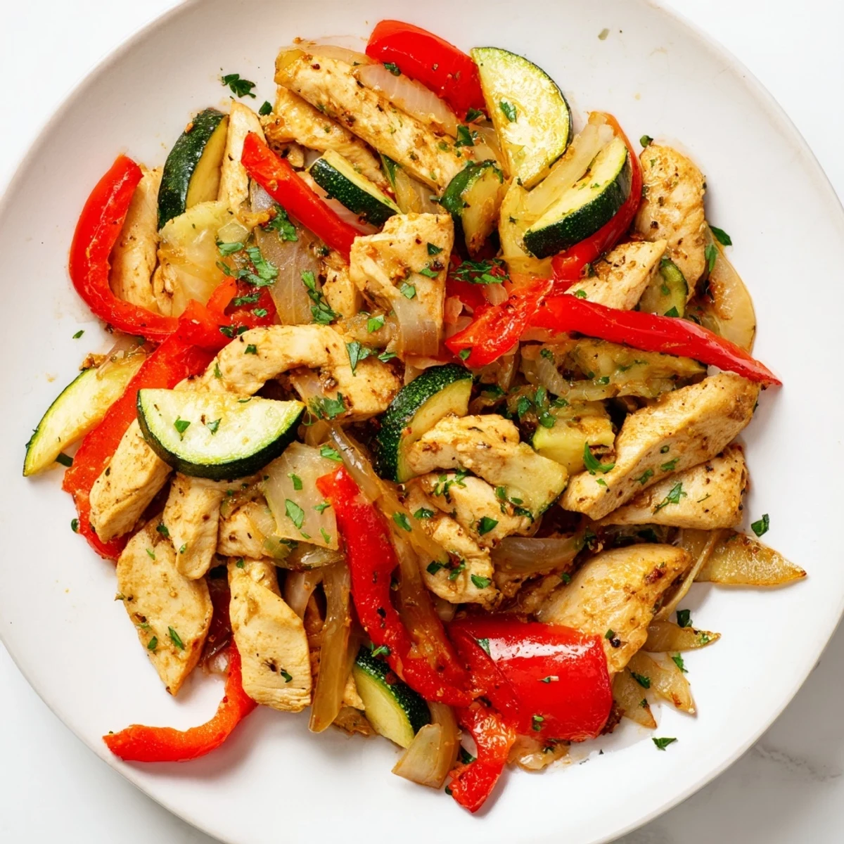 Golden-brown Mediterranean Chicken Stir Fry with colorful bell peppers, zucchini, and fresh parsley garnish served in a skillet.