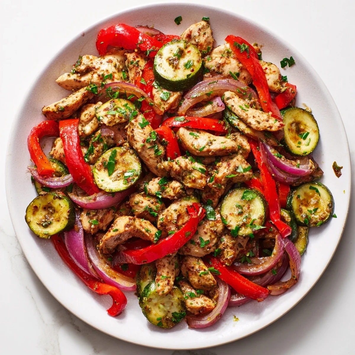 Juicy Mediterranean Chicken Stir Fry features tender chicken strips and vibrant vegetables, perfect for a quick weeknight dinner.