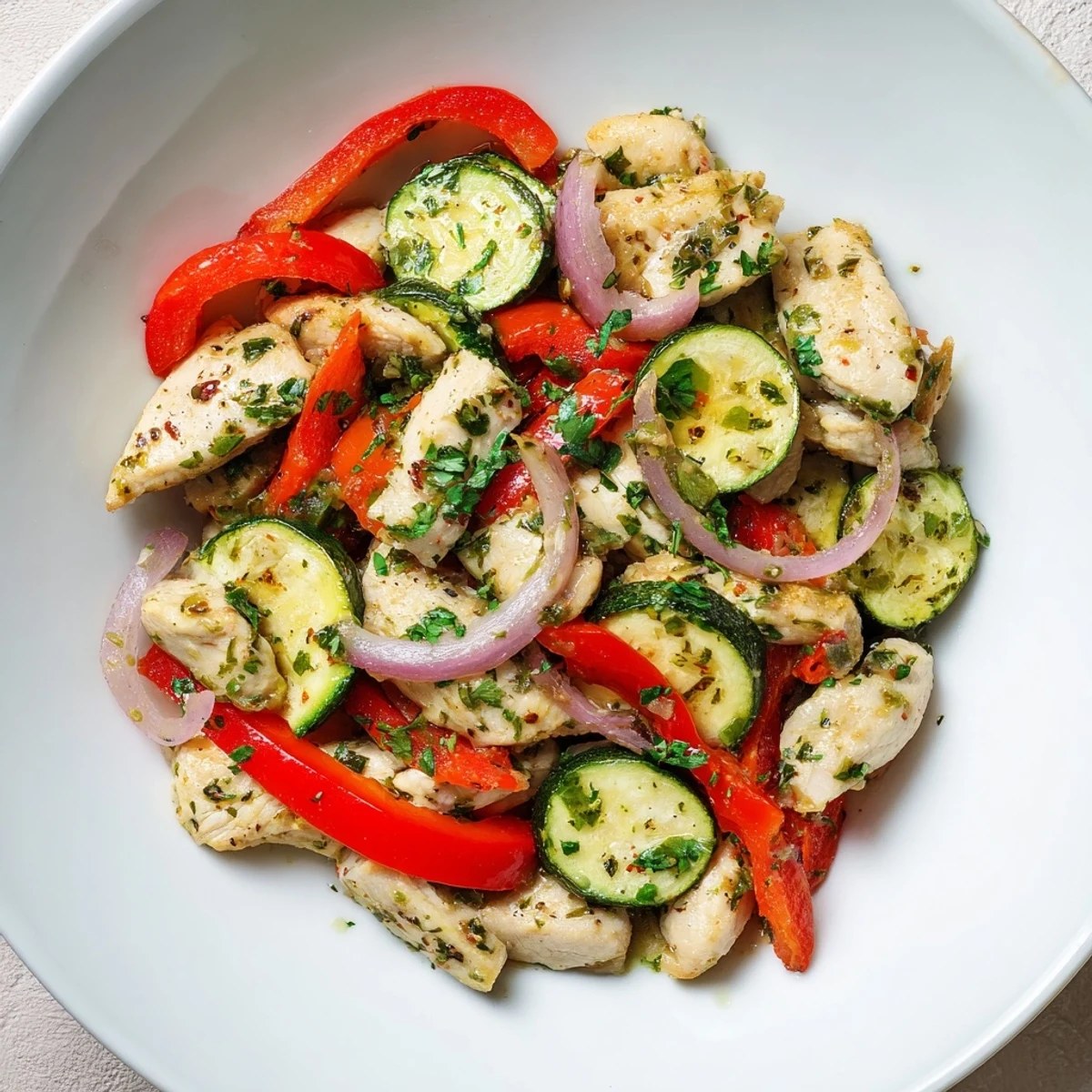 Aromatic Mediterranean Chicken Stir Fry with garlic, oregano, and lemon wedges ready to serve over fluffy quinoa.