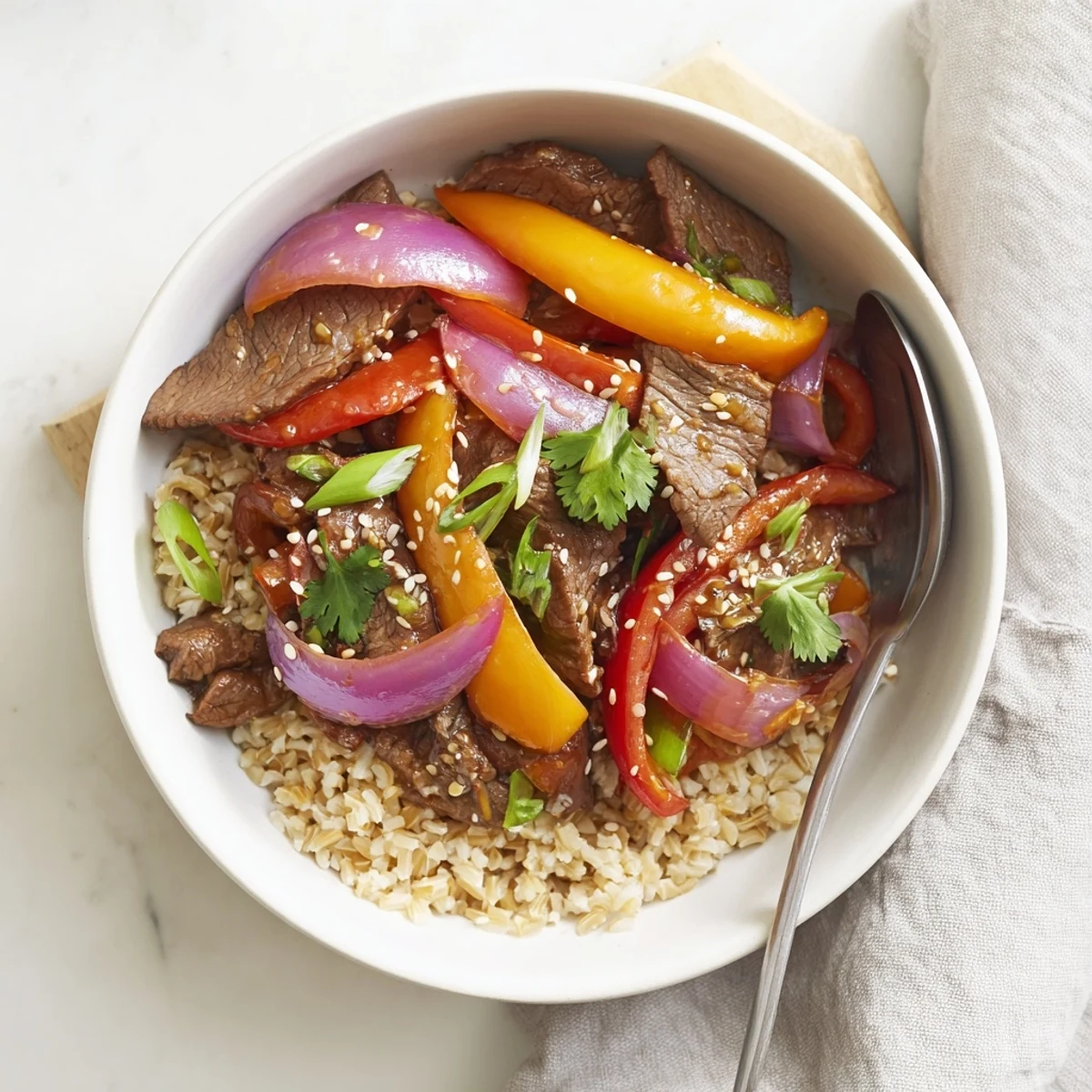 Savory Healthy Beef and Pepper Rice Bowl with tender beef strips and colorful bell peppers served over fluffy brown rice.
