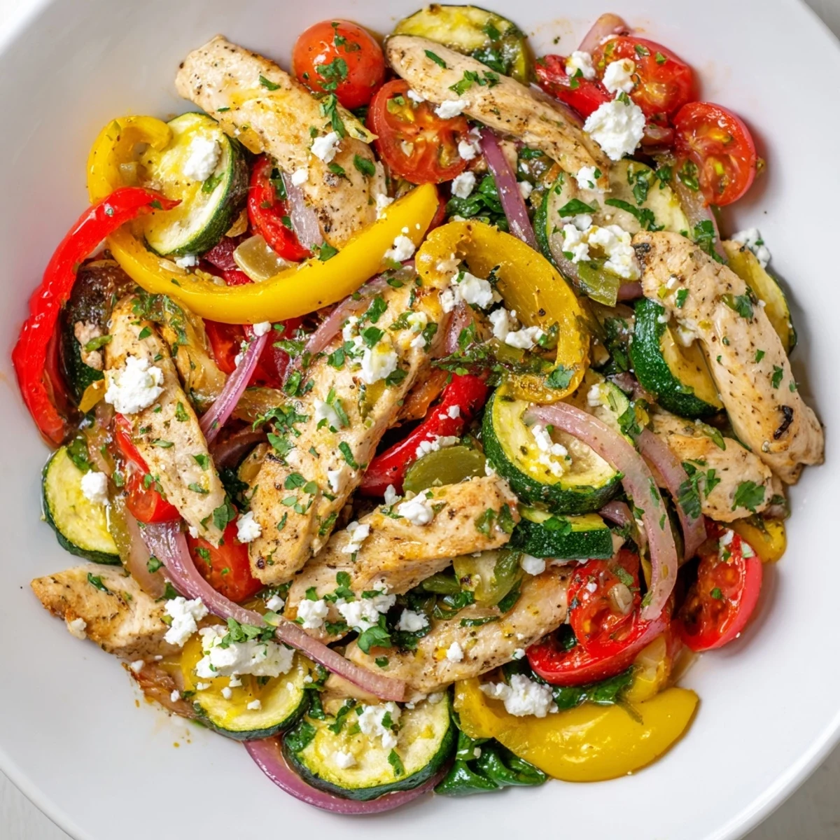Golden-brown Mediterranean Chicken Stir Fry with red and yellow bell peppers, zucchini, and cherry tomatoes tossed in a light lemon-oregano sauce, served over quinoa.