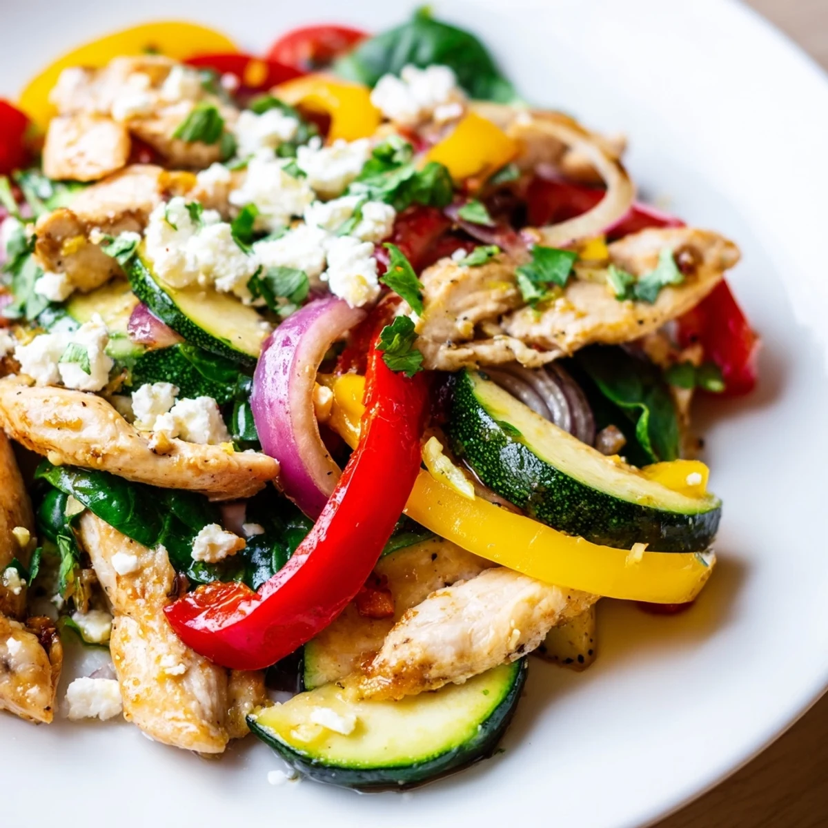Close-up of tender Mediterranean Chicken Stir Fry featuring wilted spinach, crisp vegetables, and crumbled feta, garnished with fresh parsley on a rustic white plate.