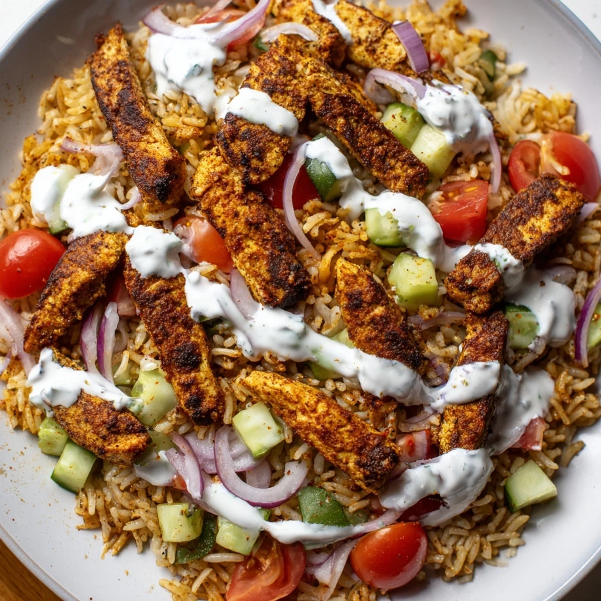 Topped with yogurt dressing, the vibrant Chicken Shawarma Crispy Rice Salad features golden chicken and fresh veggies.