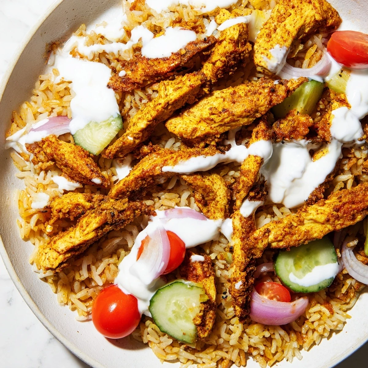 The golden crispy rice adds crunchy texture to the Chicken Shawarma Crispy Rice Salad with cucumbers and tomatoes.