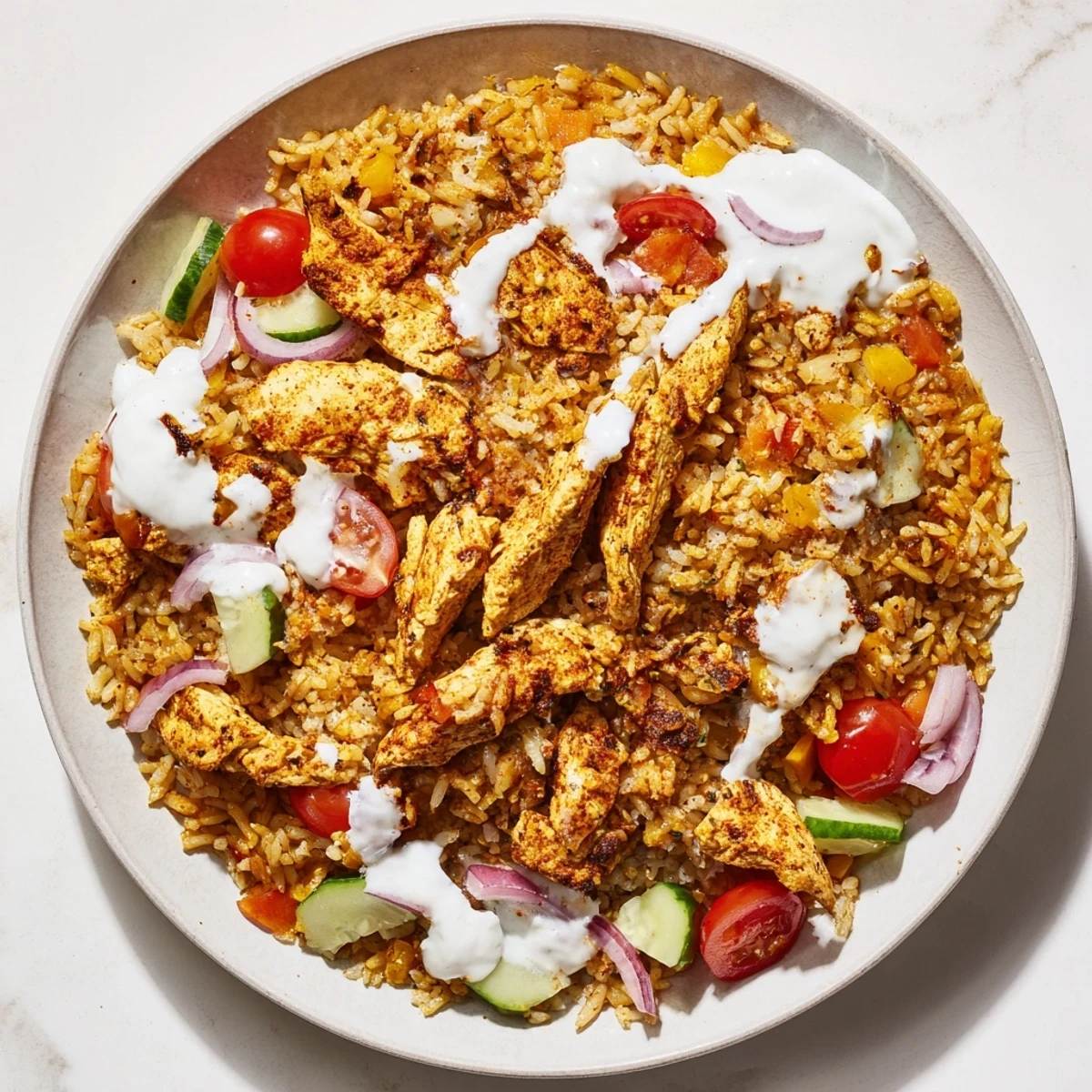 Spiced chicken and fresh veggies sit atop crispy rice in this Chicken Shawarma Crispy Rice Salad main dish.