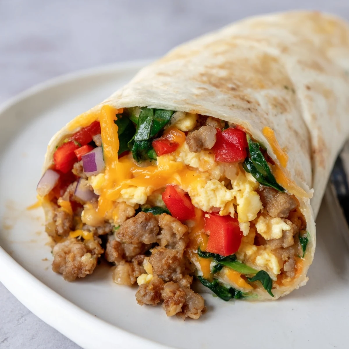 Warm Make-Ahead Breakfast Burritos sliced open, revealing savory sausage and eggs, served with salsa and avocado.