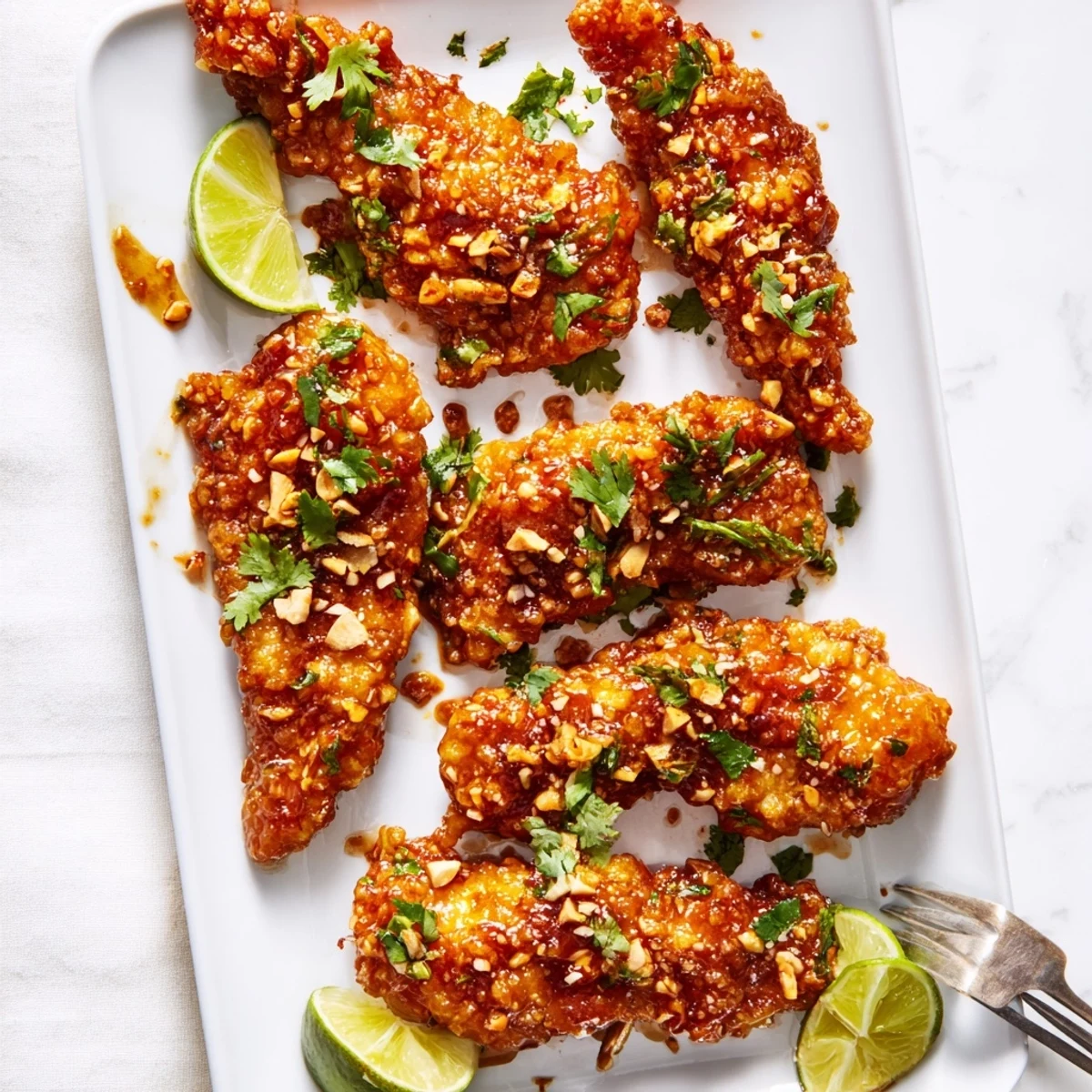 Crispy panko-coated chicken tenders tossed in a sweet and spicy Thai glaze, served hot with lime wedges for a tangy squeeze.