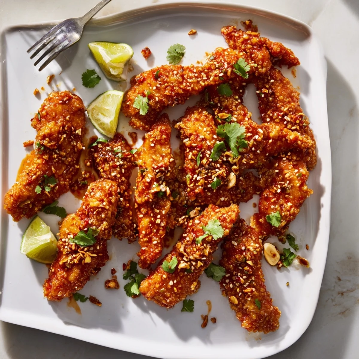 Golden-baked Thai Sticky Chicken Fingers glazed with a glossy, sticky sauce, topped with cilantro and sesame seeds on a platter.