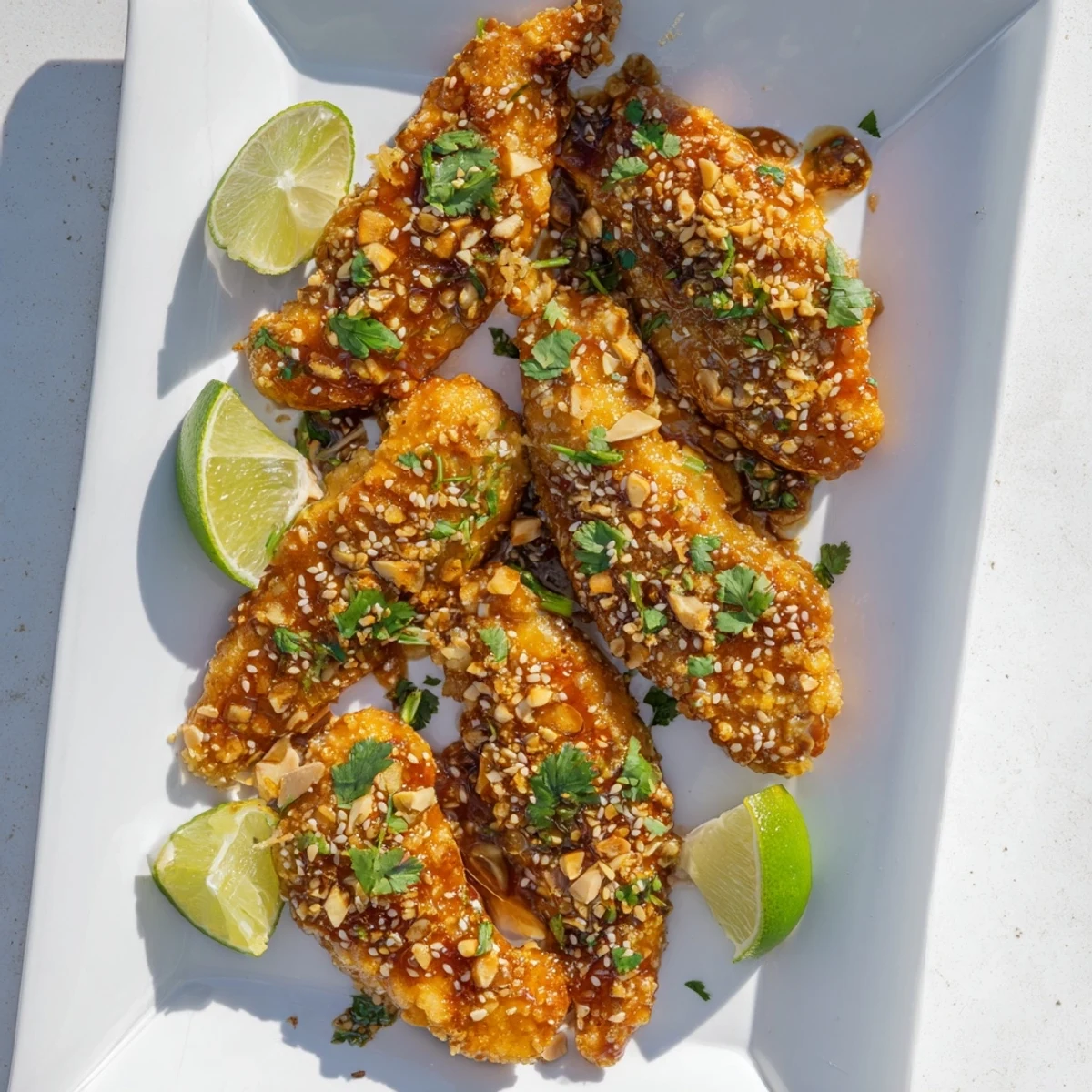 Freshly baked Thai Sticky Chicken Fingers arranged on a serving dish, garnished with sesame seeds and cilantro, perfect for game day.