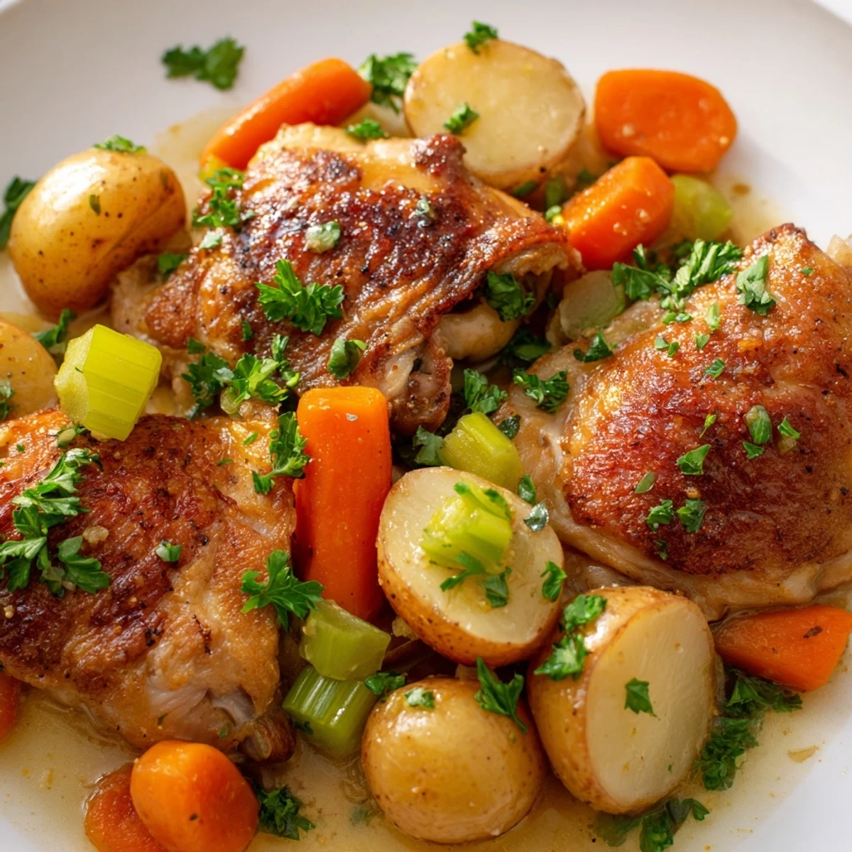 Hearty Savory Slow Cooker Chicken served over fluffy quinoa, with a drizzle of rich pan sauce.