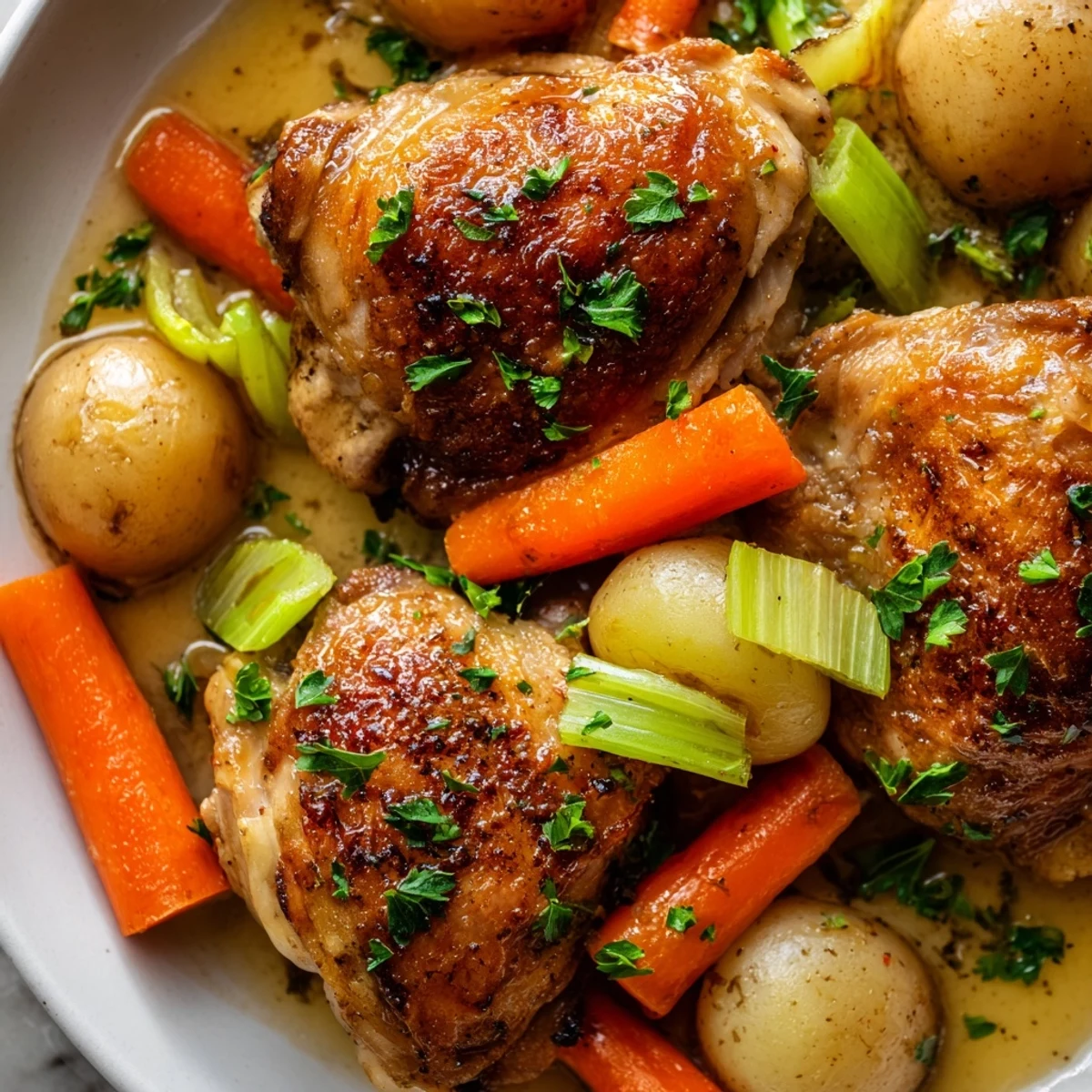 Savory Slow Cooker Chicken with tender carrots and potatoes, garnished with fresh parsley on a plate.
