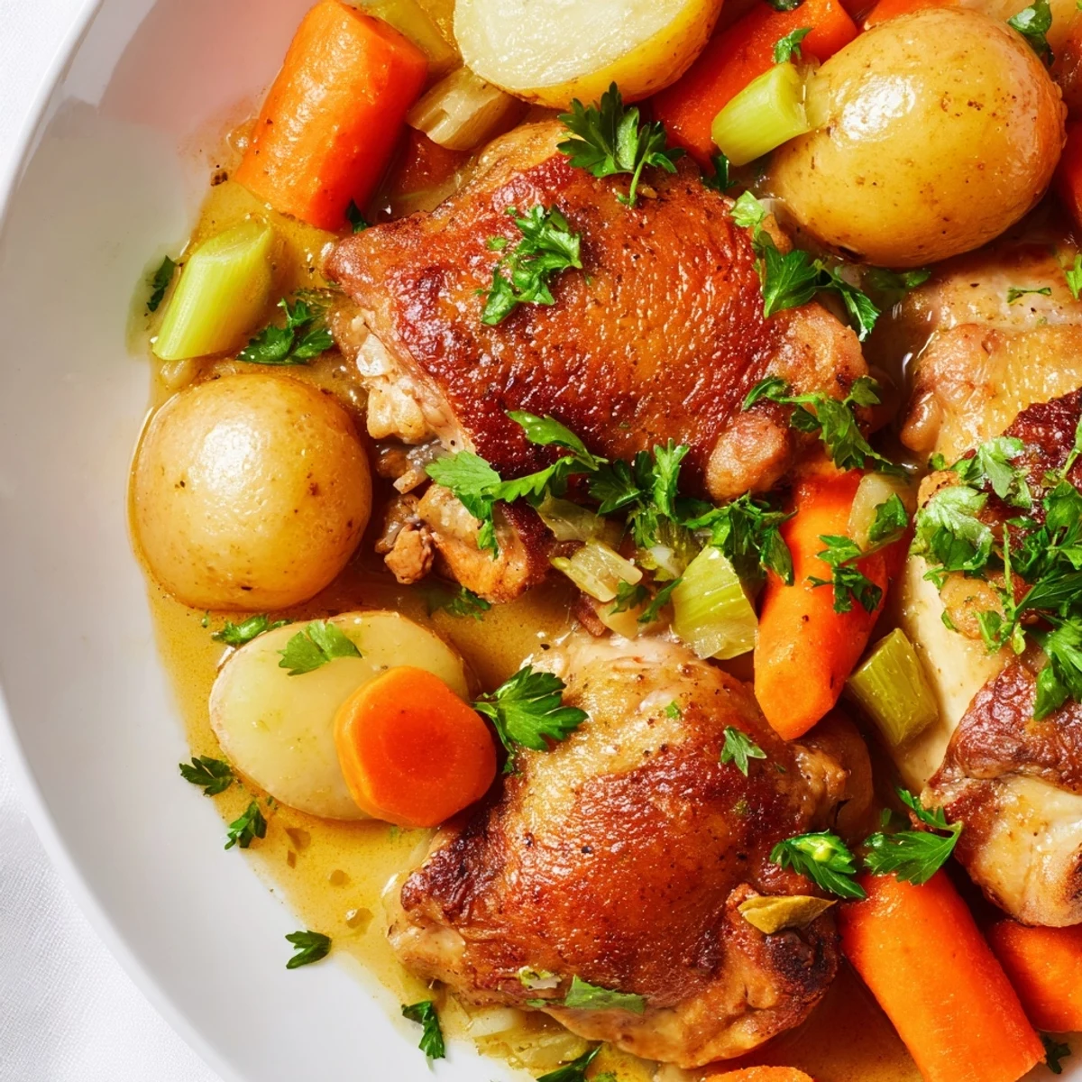 Tender, juicy Savory Slow Cooker Chicken thighs slow-cooked with aromatic herbs and vegetables in a rustic pot.