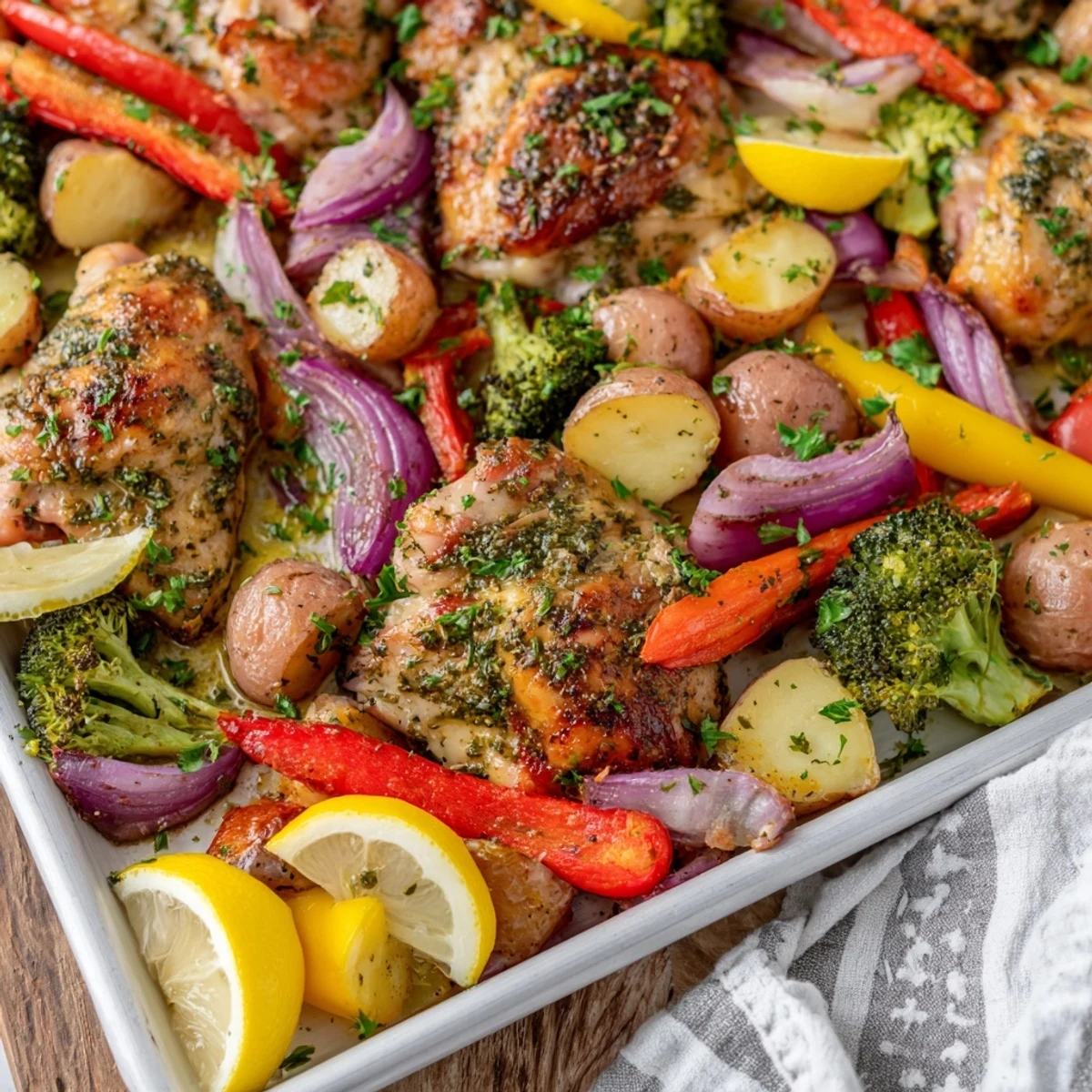 Golden roasted sheet pan lemon herb chicken surrounded by colorful tender vegetables