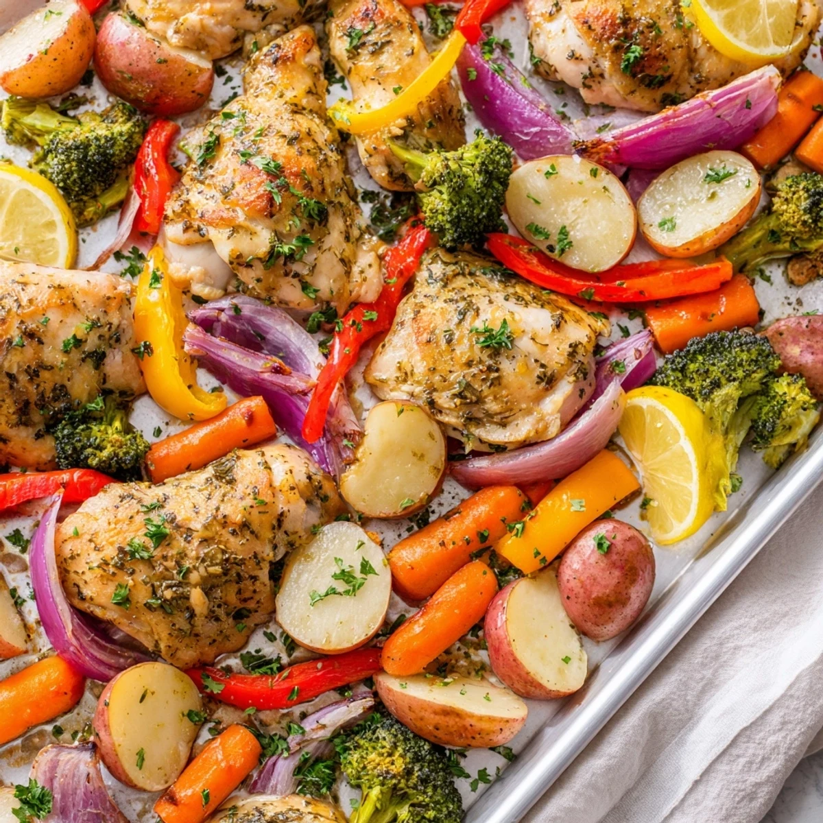 Juicy lemon herb chicken breasts roasted with vibrant potatoes carrots and peppers