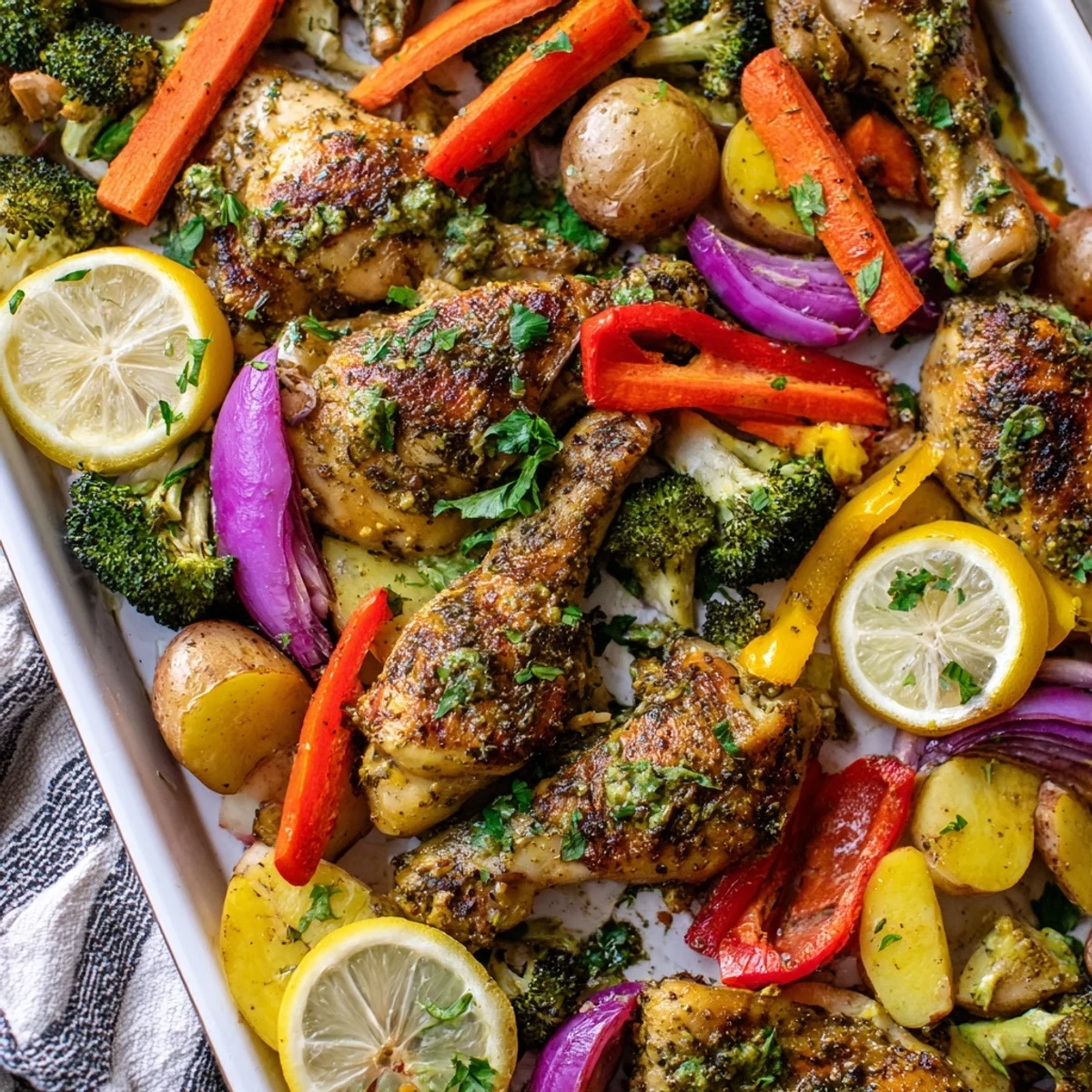 Easy sheet pan dinner featuring herb seasoned chicken with caramelized roasted vegetables