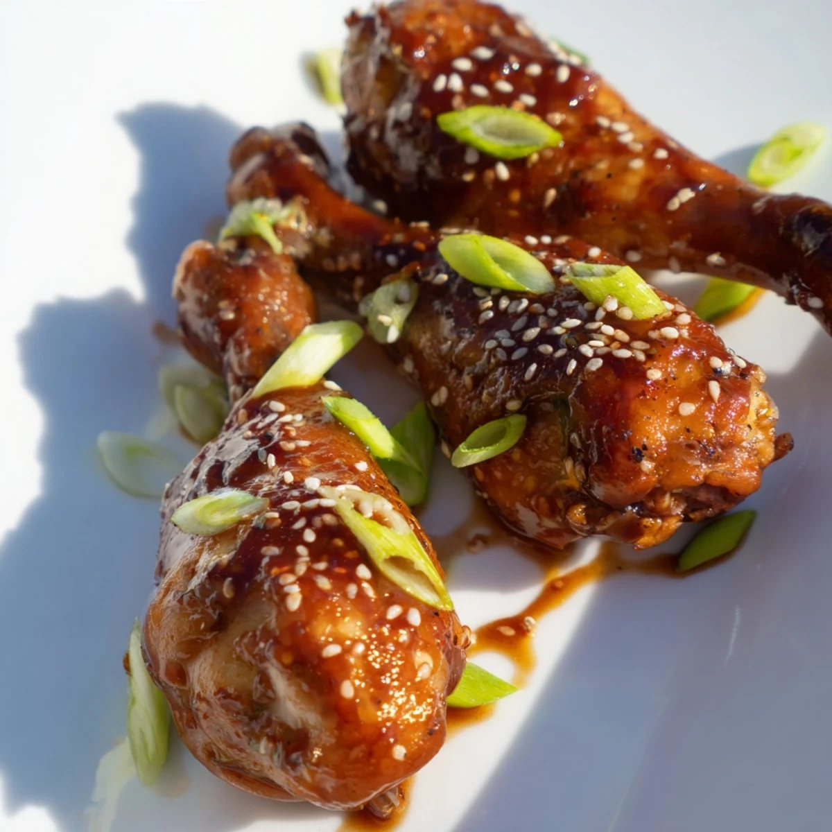Golden brown Slow Cooker Asian Glazed Chicken Drumsticks coated in sticky savory-sweet sauce and garnished with sesame seeds and fresh green scallions