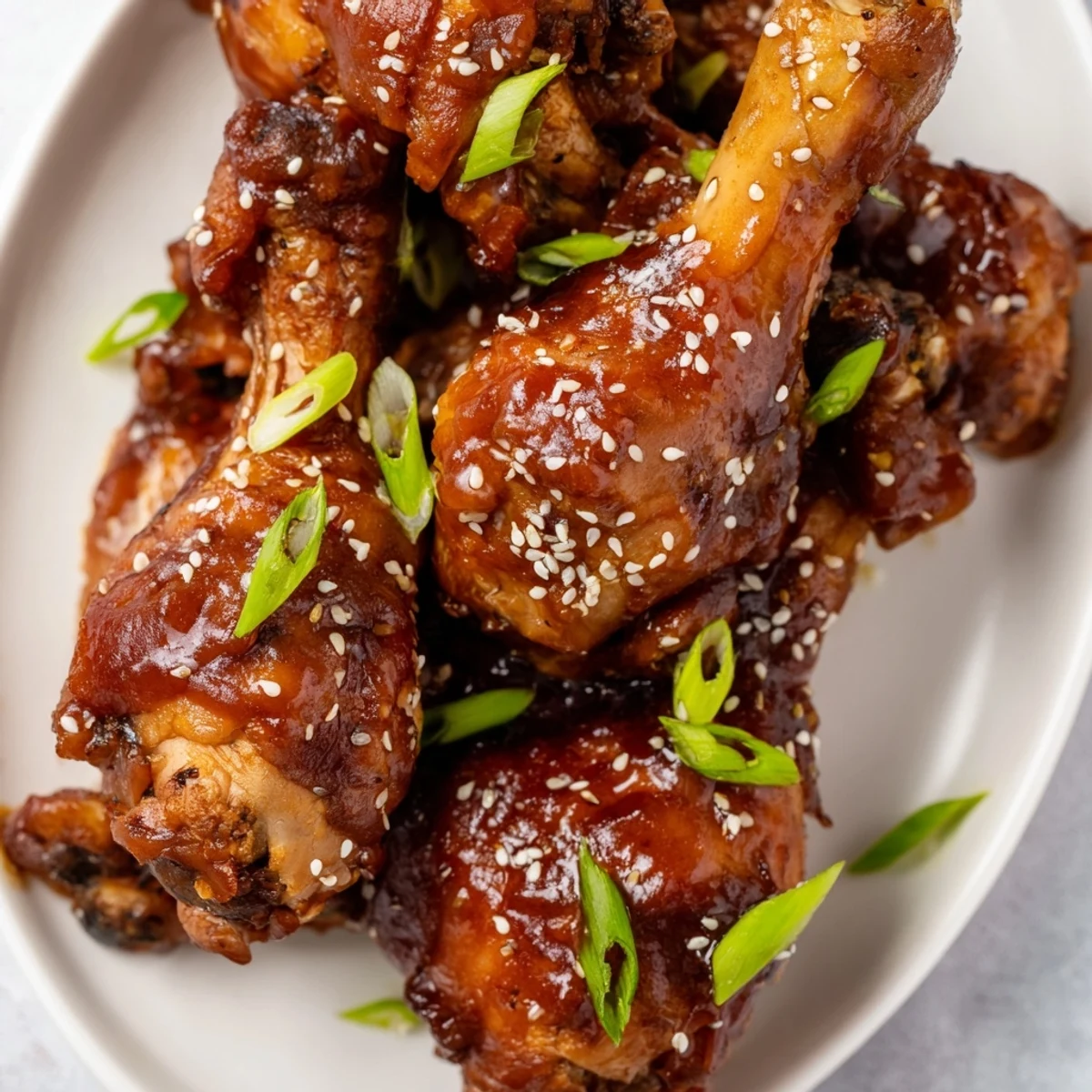 Fall-off-the-bone Slow Cooker Asian Glazed Chicken Drumsticks glistening with reduced soy garlic sauce and topped with crunchy sesame seeds and sliced scallions
