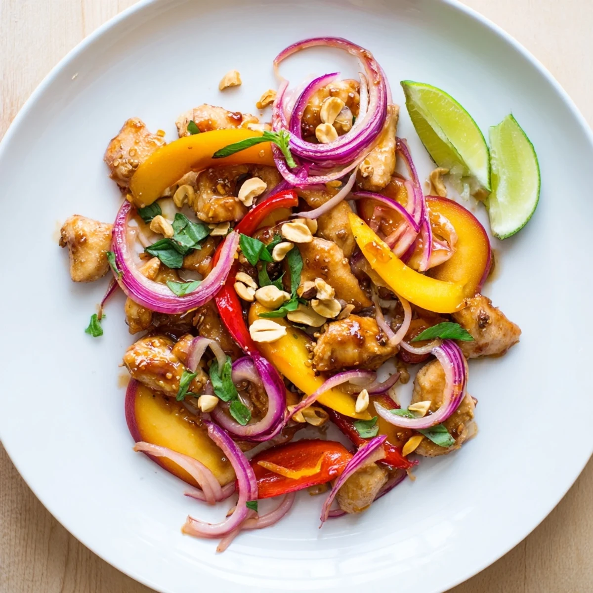 Golden Thai peach chicken with vibrant bell peppers and fresh basil garnish on white plate