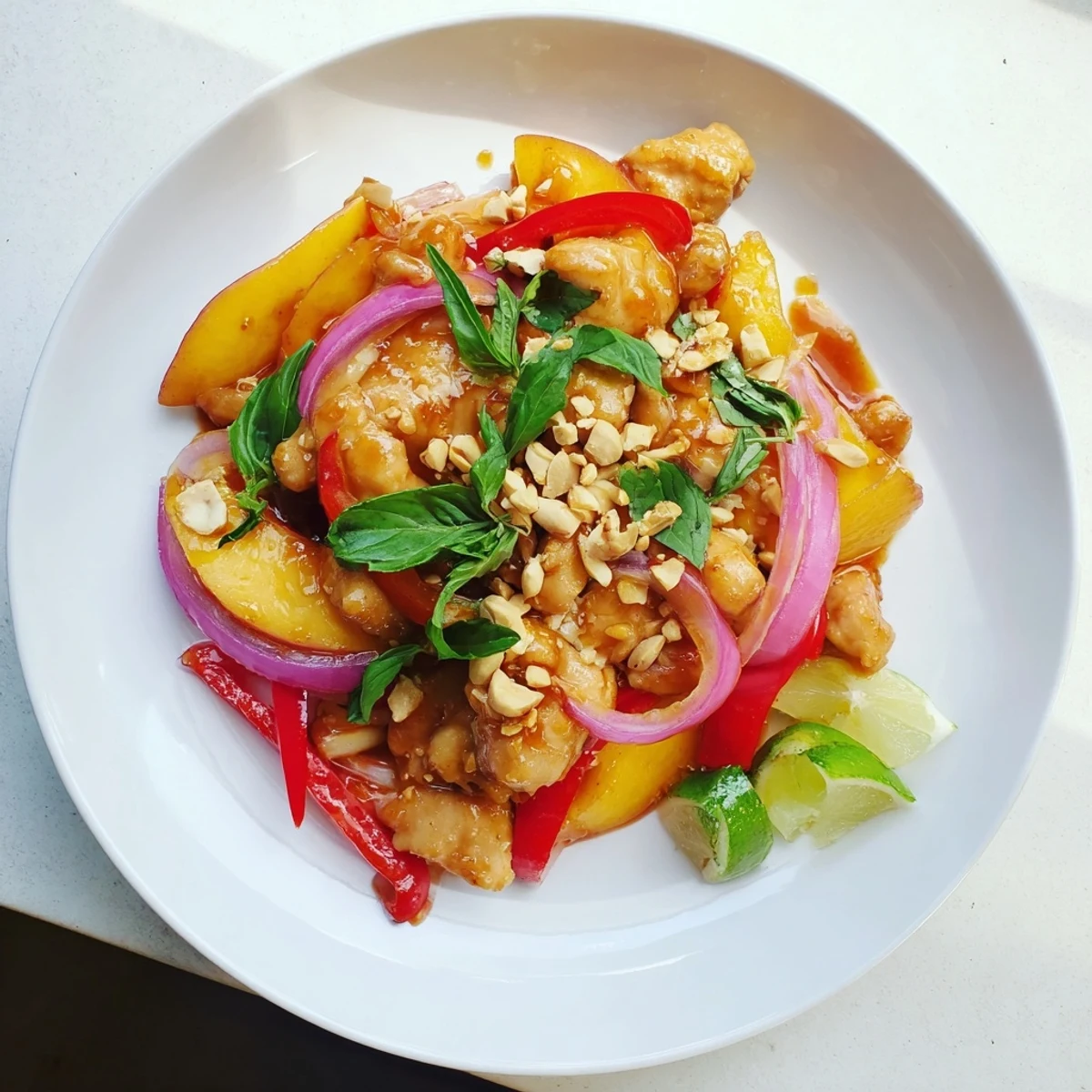 Savory chicken pieces in glossy Thai-style peach sauce with red and yellow pepper slices