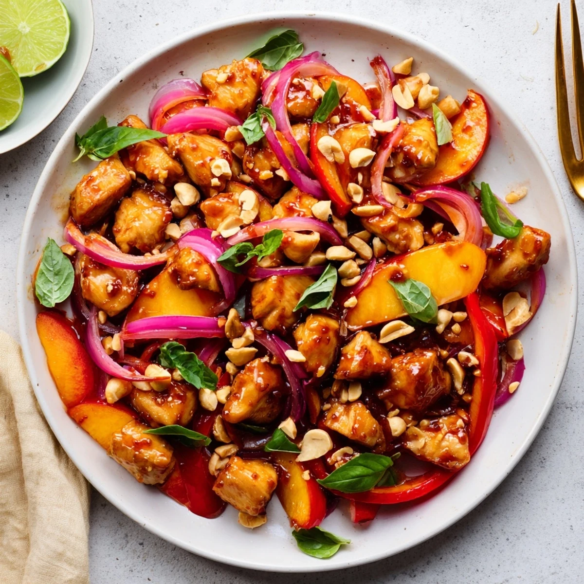 Spicy-sweet Thai peach chicken simmered with colorful vegetables and served over steaming jasmine rice