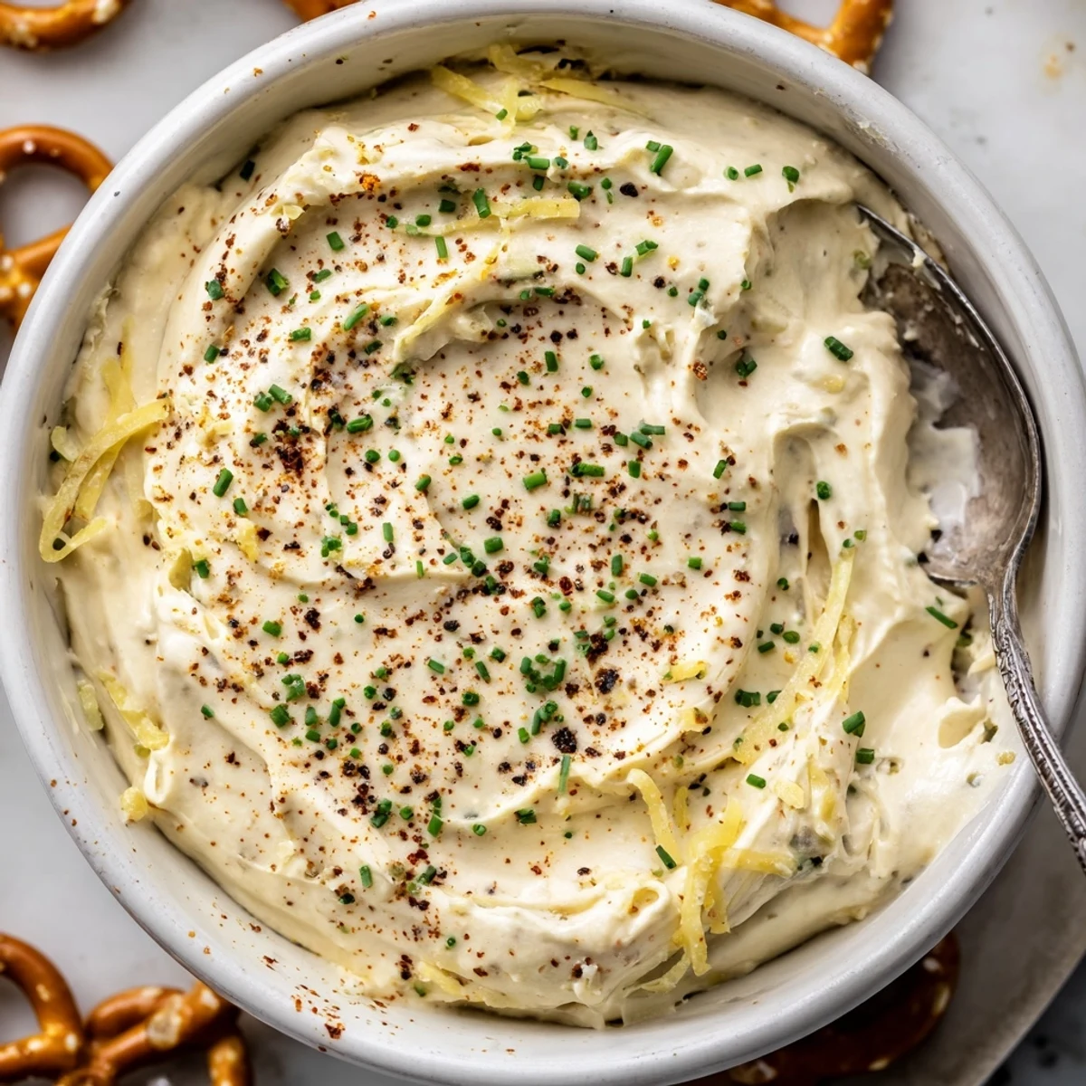 Creamy savory pretzel dip topped with fresh chives, served alongside warm soft pretzels