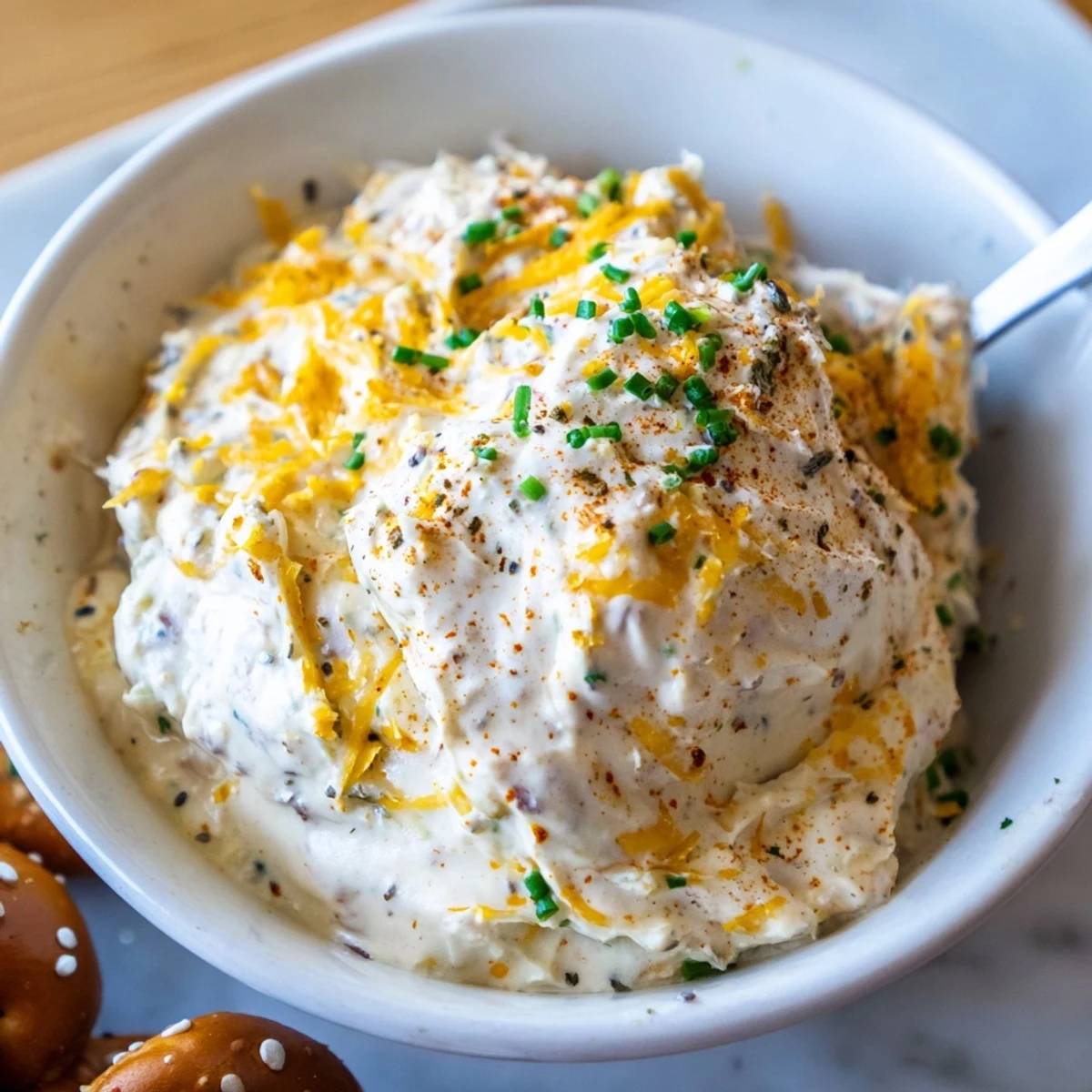 Golden sharp cheddar and cream cheese savory pretzel dip with Dijon mustard and paprika