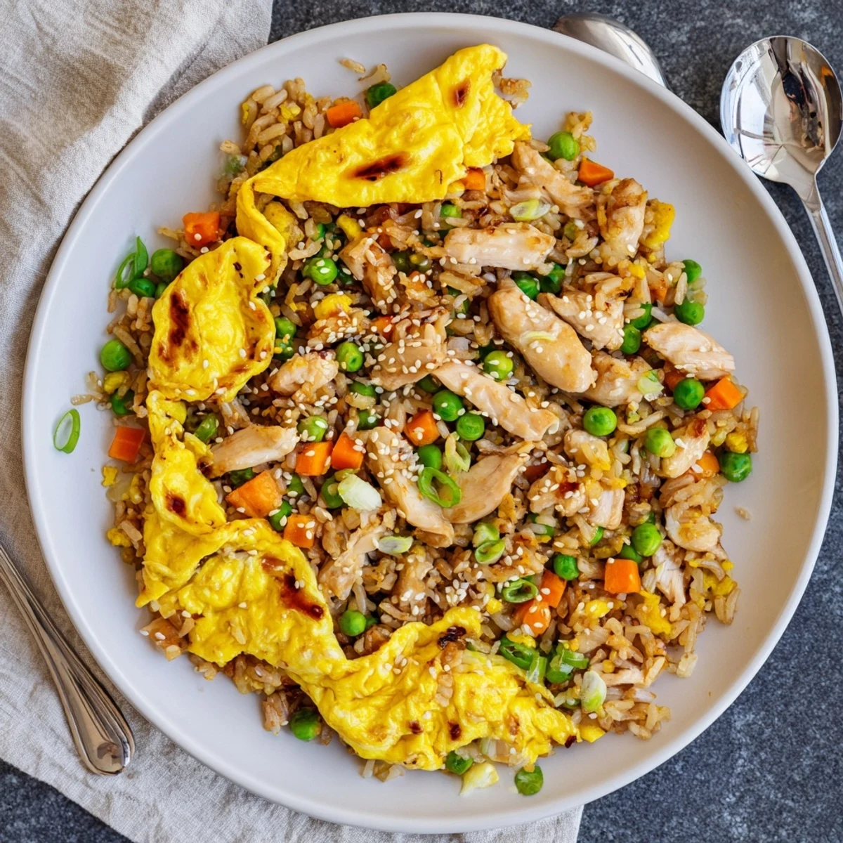 Golden chicken fried rice with colorful vegetables topped with delicate egg omelette ribbons