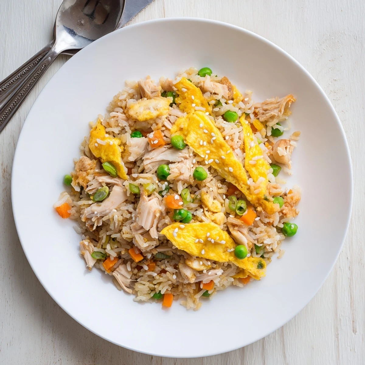 Savory stir-fried chicken fried rice featuring tender meat and sliced egg omelette garnish