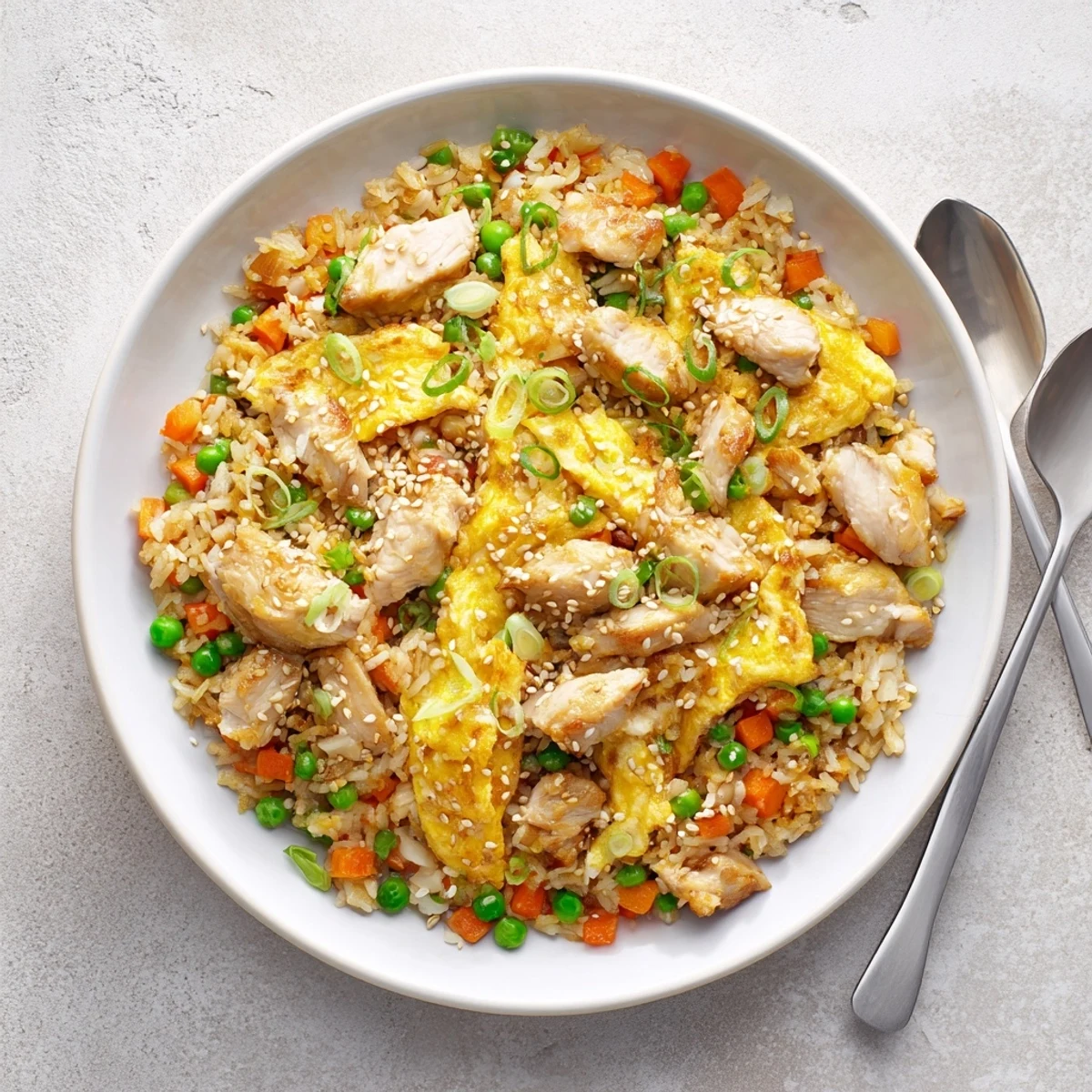 Steaming plate of chicken fried rice garnished with golden egg omelette strips and scallions