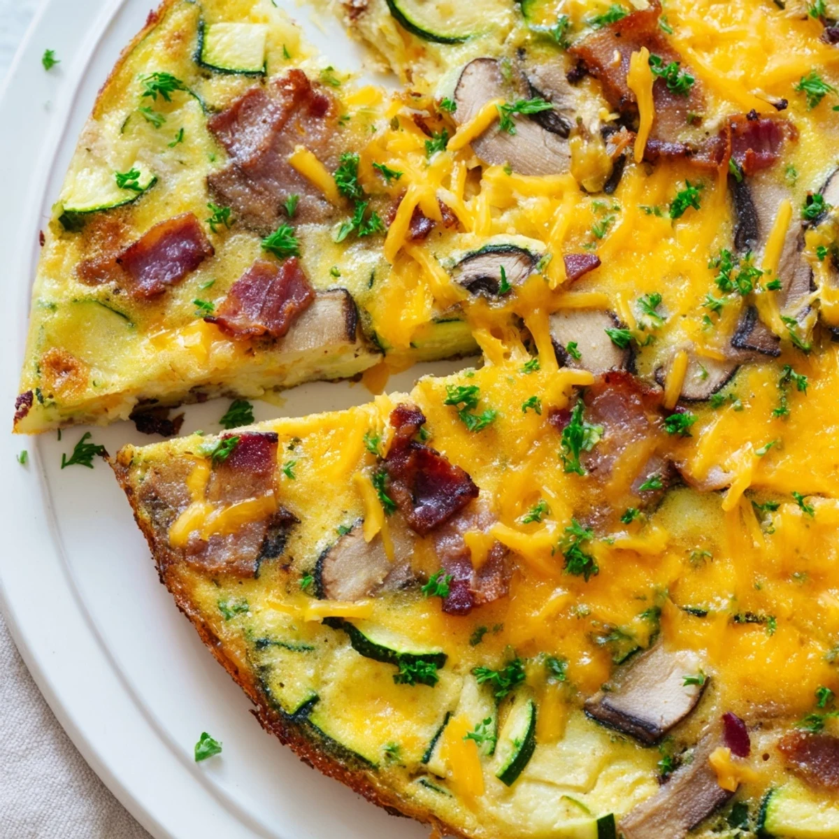 Savory baked frittata featuring crispy bacon tender zucchini slices and melted cheddar cheese on top