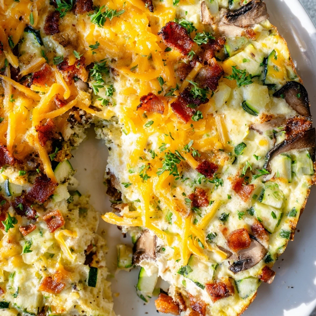 Golden Mushroom Zucchini and Bacon Family Frittata served in a cast iron skillet with fresh parsley garnish