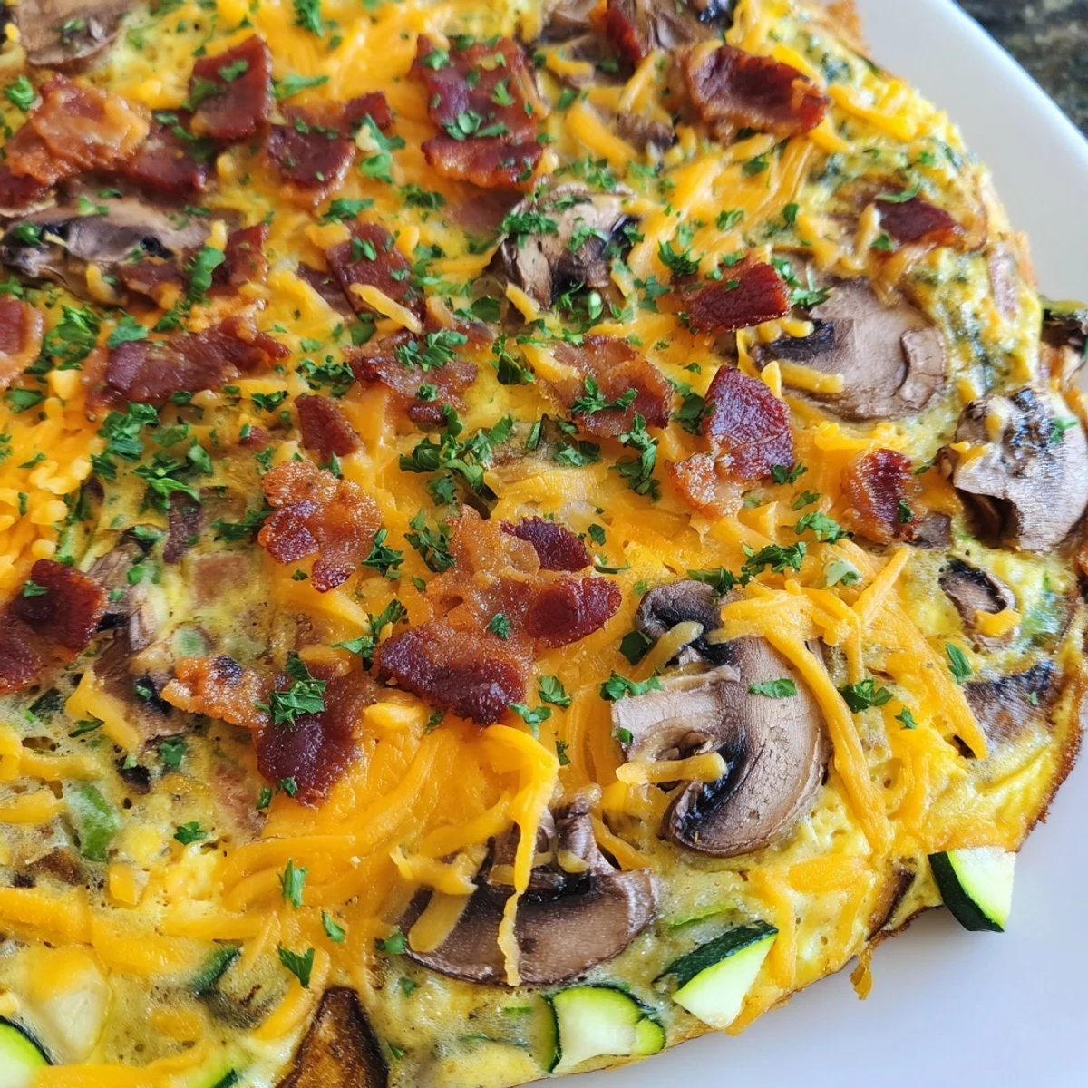 Fluffy egg frittata packed with sautéed mushrooms bacon and zucchini ready for brunch slicing