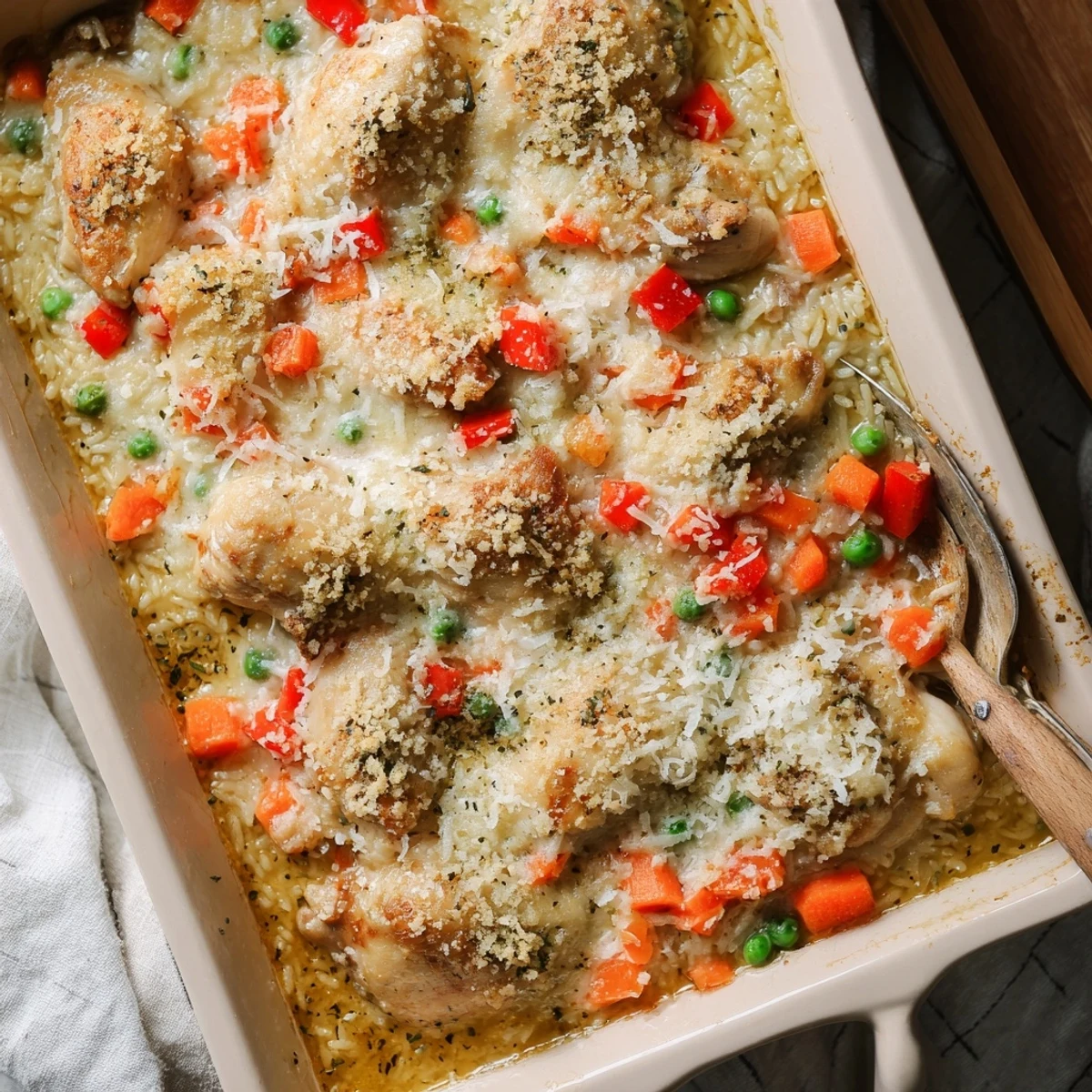 Golden Macau style baked Portuguese chicken rice with melted mozzarella and colorful vegetables in a creamy coconut curry sauce
