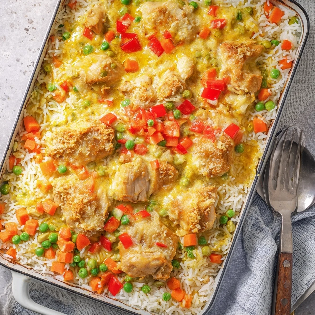 Baked Portuguese chicken rice casserole featuring tender chicken pieces, fluffy jasmine rice, and bubbling cheese topping in a vibrant yellow sauce