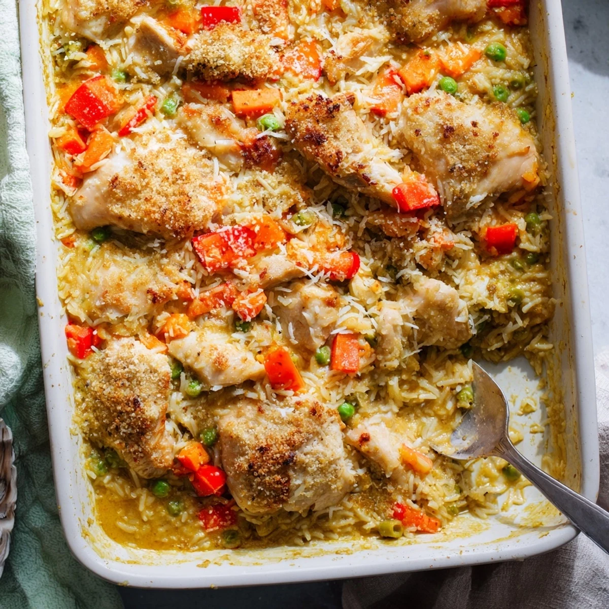 Macau style baked Portuguese chicken rice served hot with golden brown cheese crust and colorful bell peppers, carrots, and peas