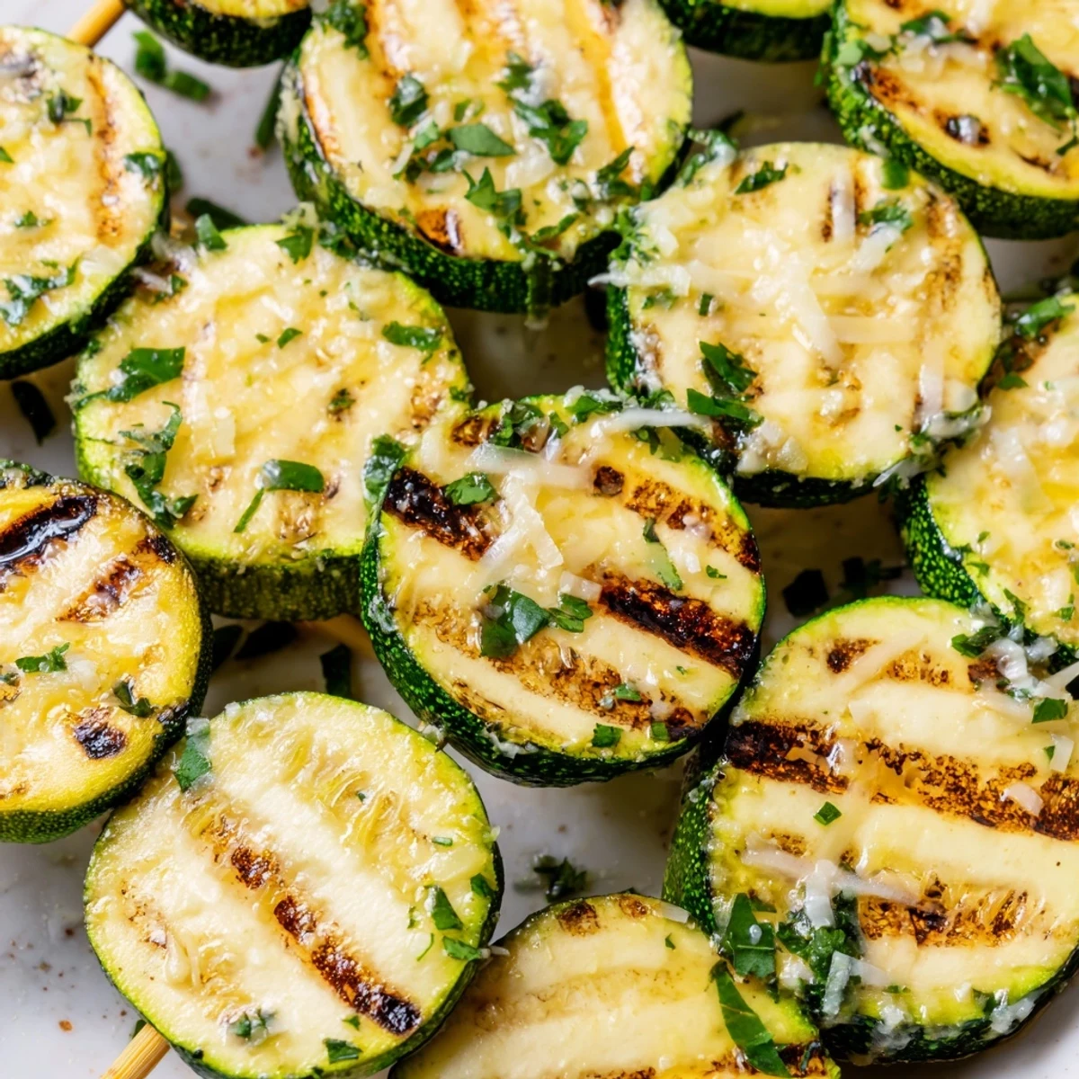 Golden grilled zucchini rounds threaded onto skewers with glistening garlic butter coating and fresh green parsley sprinkled on top