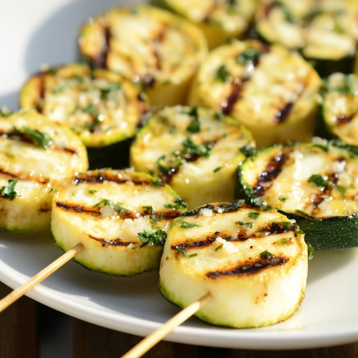Tender zucchini skewers basted in melted garlic butter and fresh herbs, displaying attractive char marks from the grill