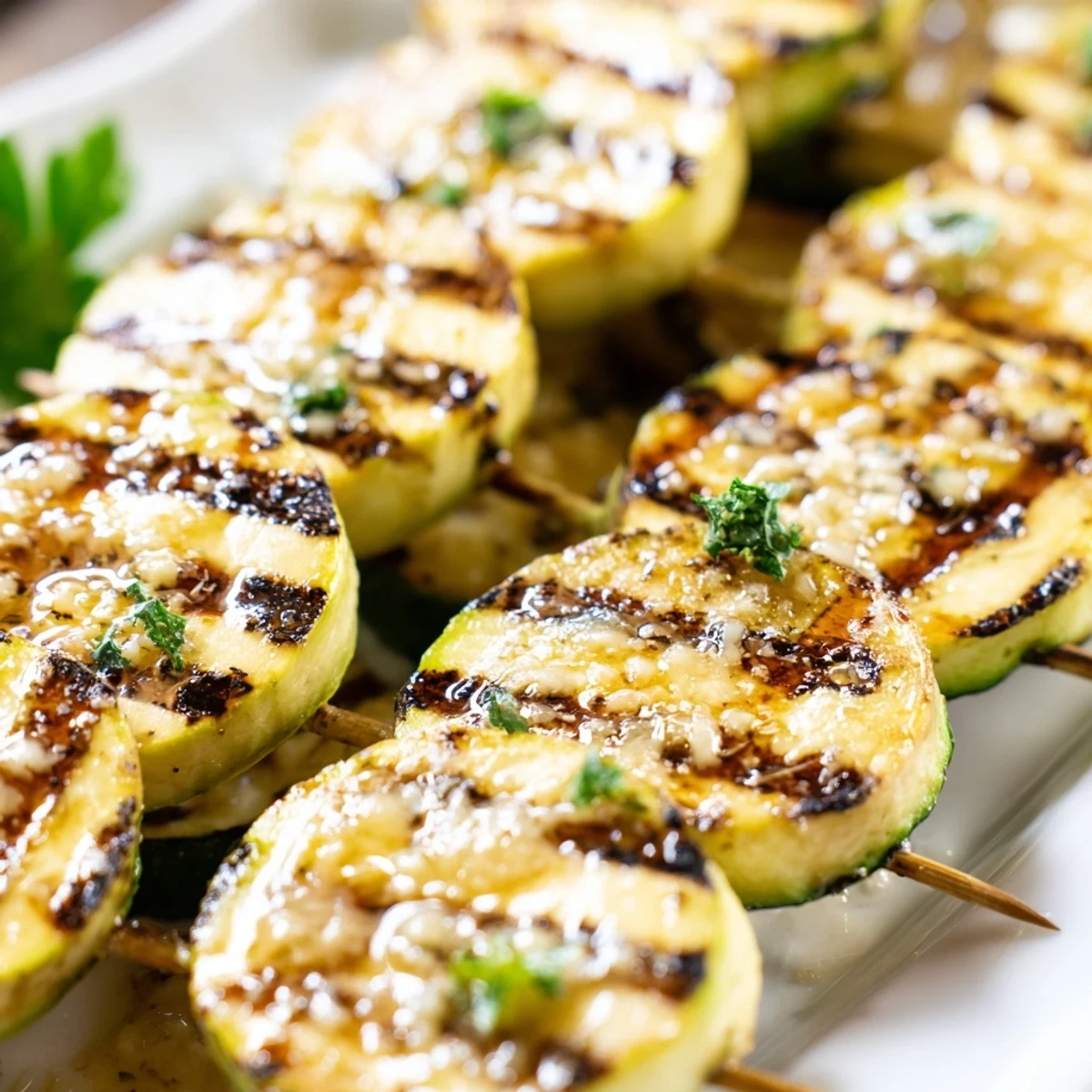 Easy garlic butter zucchini skewers on a serving platter with optional grated Parmesan and extra chopped parsley garnish