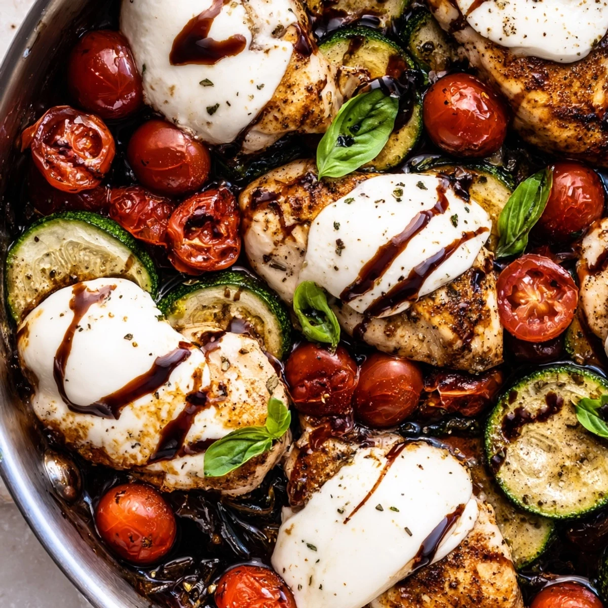 Golden Caprese Chicken Zucchini Skillet topped with melted mozzarella and fresh basil